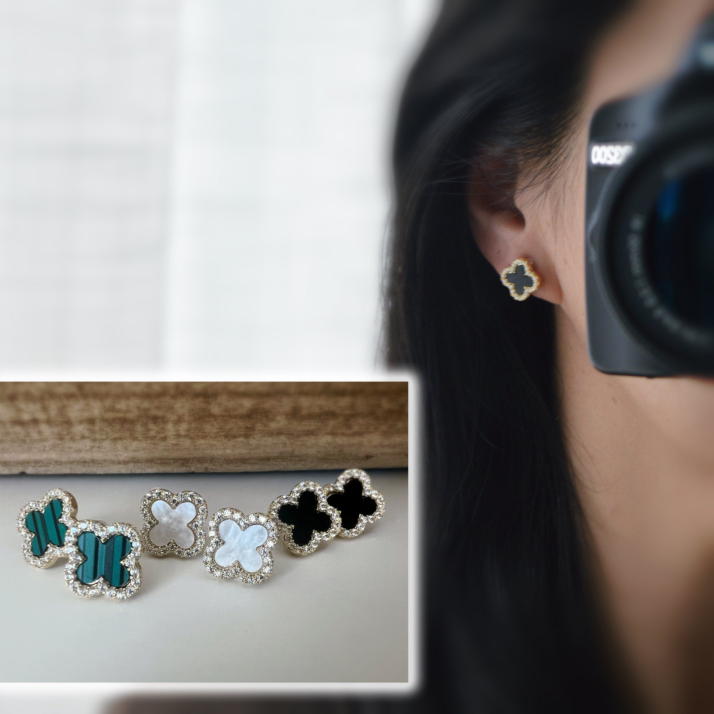 CLIPS d'oreilles invisibles, Trèfle à 4 feuilles or porte bonheur mini zircon Noir/ Blanc/ Vert Boucles d'oreilles clips confortable délicat
