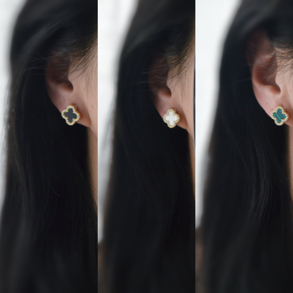 CLIPS d'oreilles invisibles, Trèfle à 4 feuilles or porte bonheur mini zircon Noir/ Blanc/ Vert Boucles d'oreilles clips confortable délicat