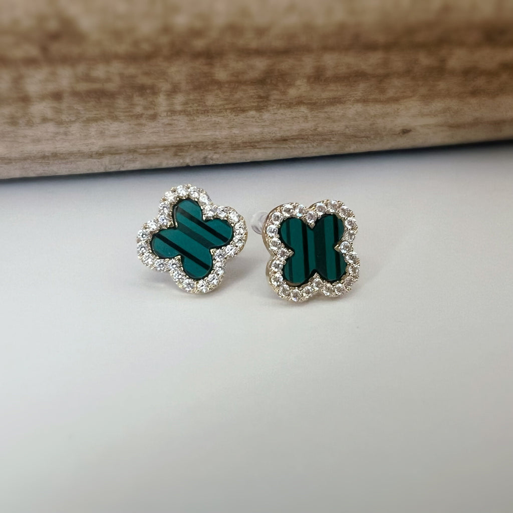 CLIPS d'oreilles invisibles, Trèfle à 4 feuilles or porte bonheur mini zircon Noir/ Blanc/ Vert Boucles d'oreilles clips confortable délicat