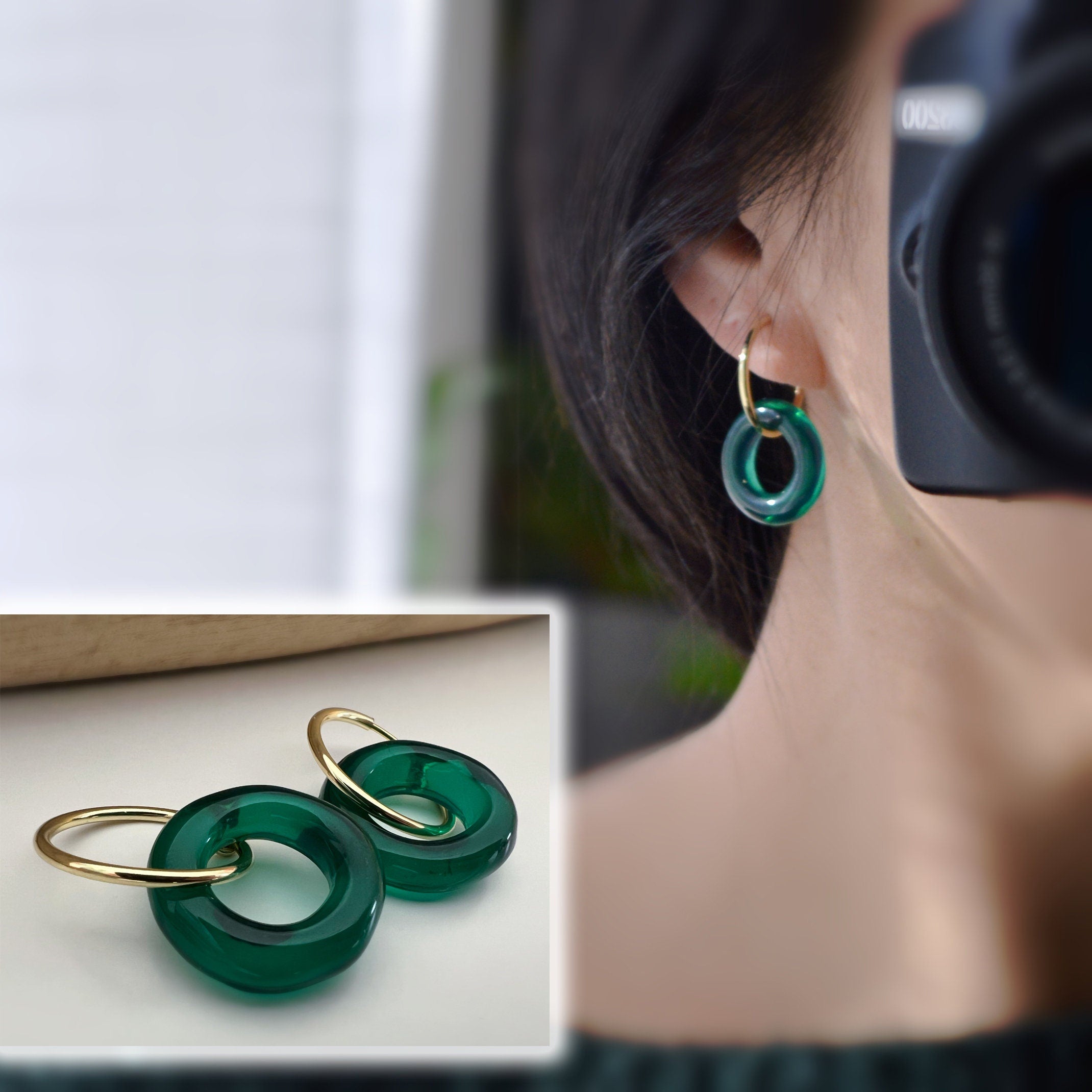 2 EN 1 Créoles Clips 20mm OR Cercle Violet / Vert paon / Beige / Marron. Clips d'oreilles Anneaux Or pour oreilles non percées.