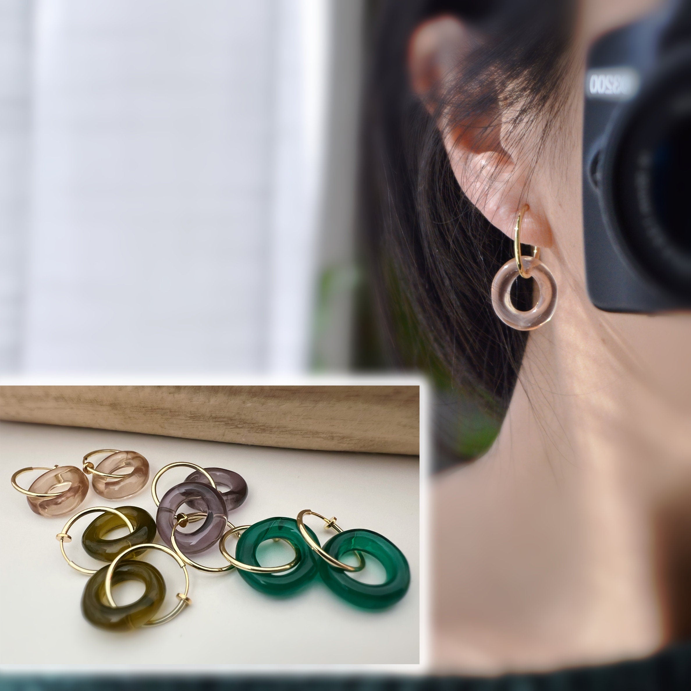 2 EN 1 Créoles Clips 20mm OR Cercle Violet / Vert paon / Beige / Marron. Clips d'oreilles Anneaux Or pour oreilles non percées.