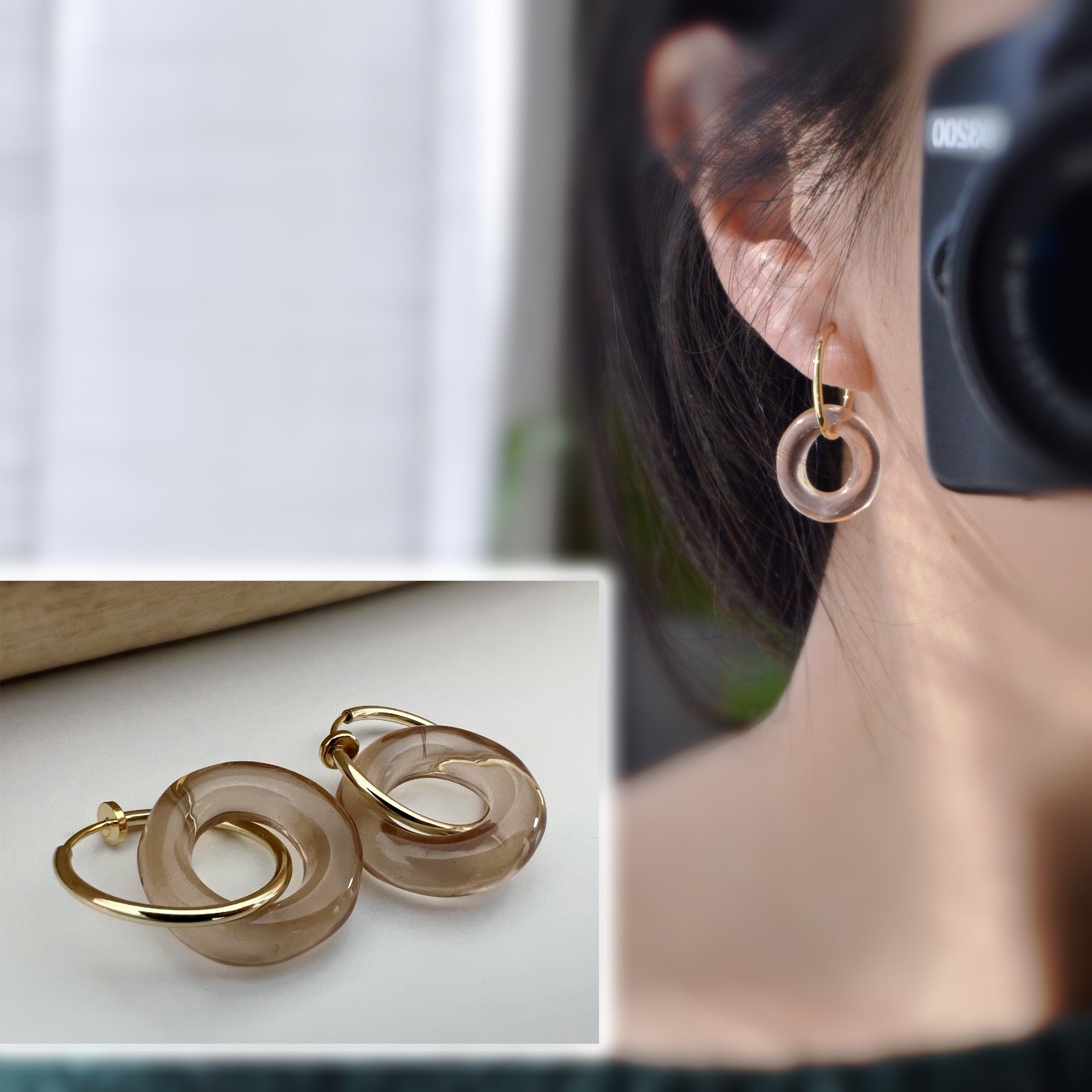 2 EN 1 Créoles Clips 20mm OR Cercle Violet / Vert paon / Beige / Marron. Clips d'oreilles Anneaux Or pour oreilles non percées.