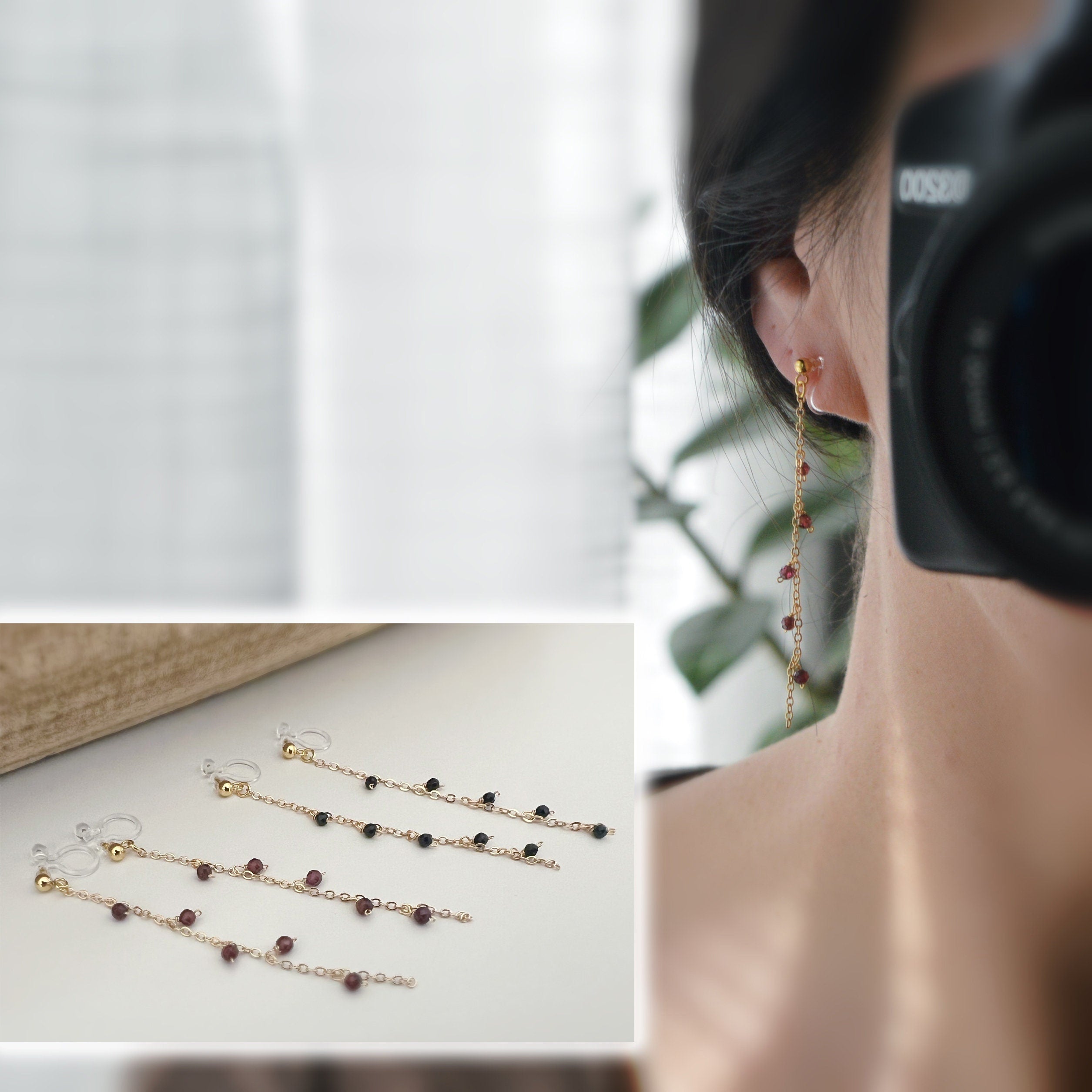 Longues Boucles d'oreilles Clips INVISIBLES, Clips d'oreilles pendants Mini perles facettes Rouge / Noir Chaîne or. Bijoux quotidien.