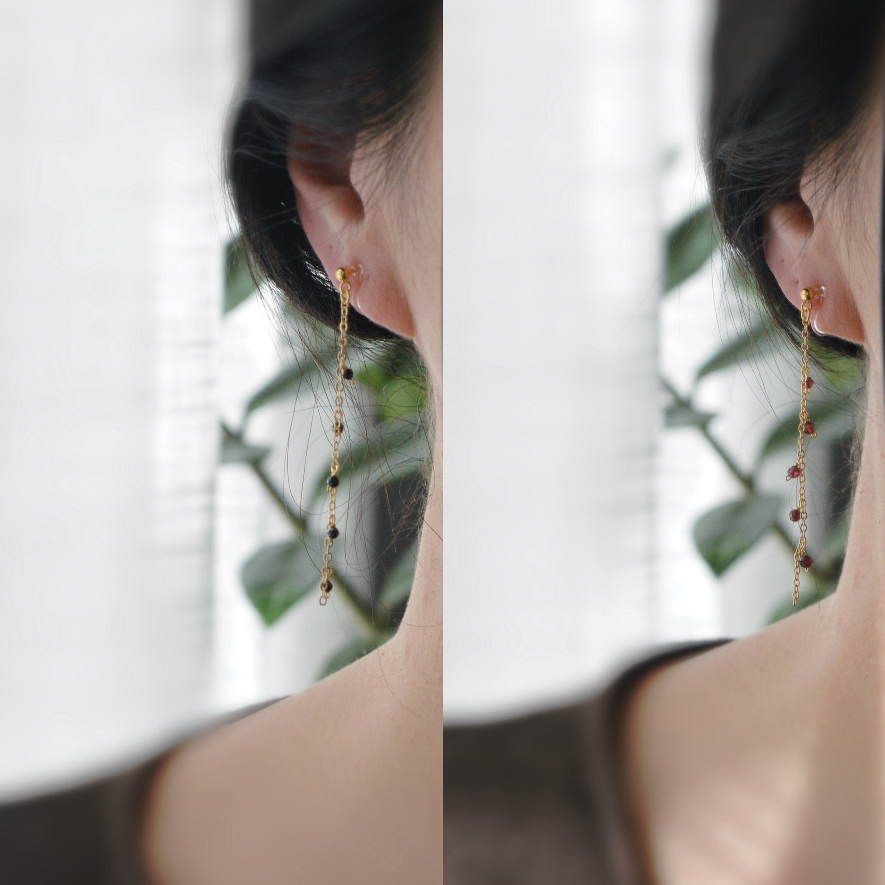Longues Boucles d'oreilles Clips INVISIBLES, Clips d'oreilles pendants Mini perles facettes Rouge / Noir Chaîne or. Bijoux quotidien.