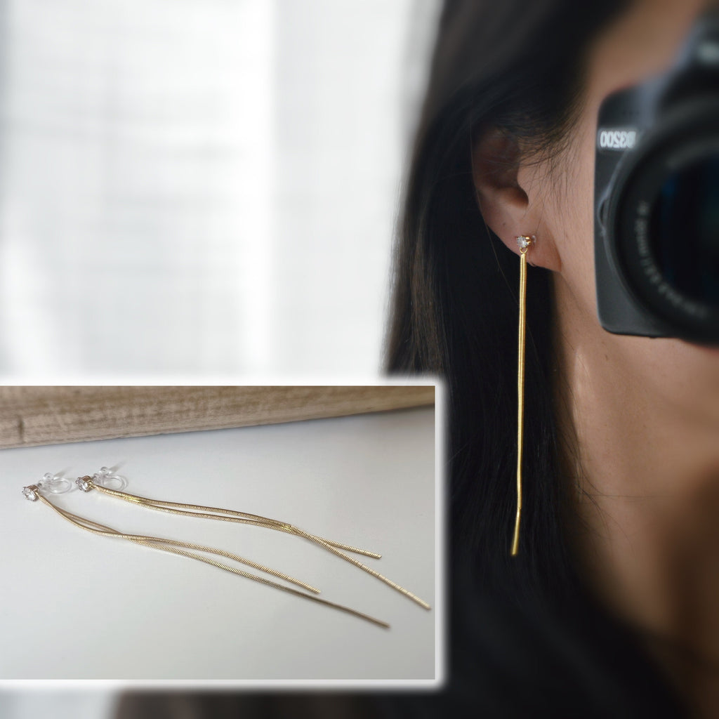 Super long INVISIBLE clip earrings, Double gold chain ear clips with round Zircon clips. Minimalist Jewelry.