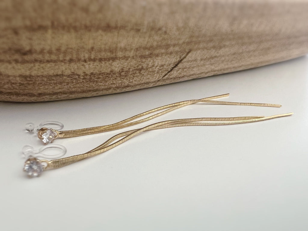Super long INVISIBLE clip earrings, Double gold chain ear clips with round Zircon clips. Minimalist Jewelry.