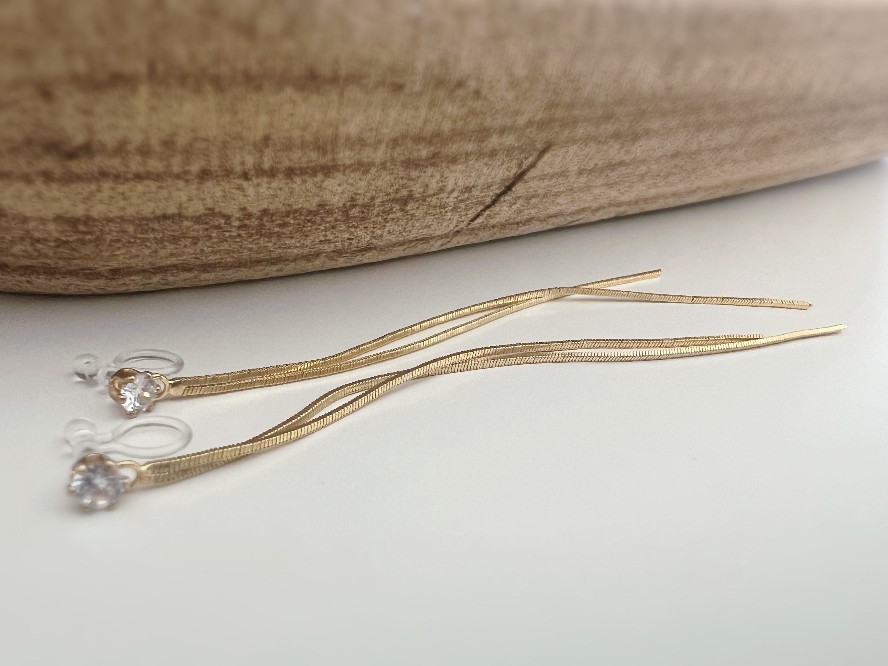 Super long INVISIBLE clip earrings, Double gold chain ear clips with round Zircon clips. Minimalist Jewelry.