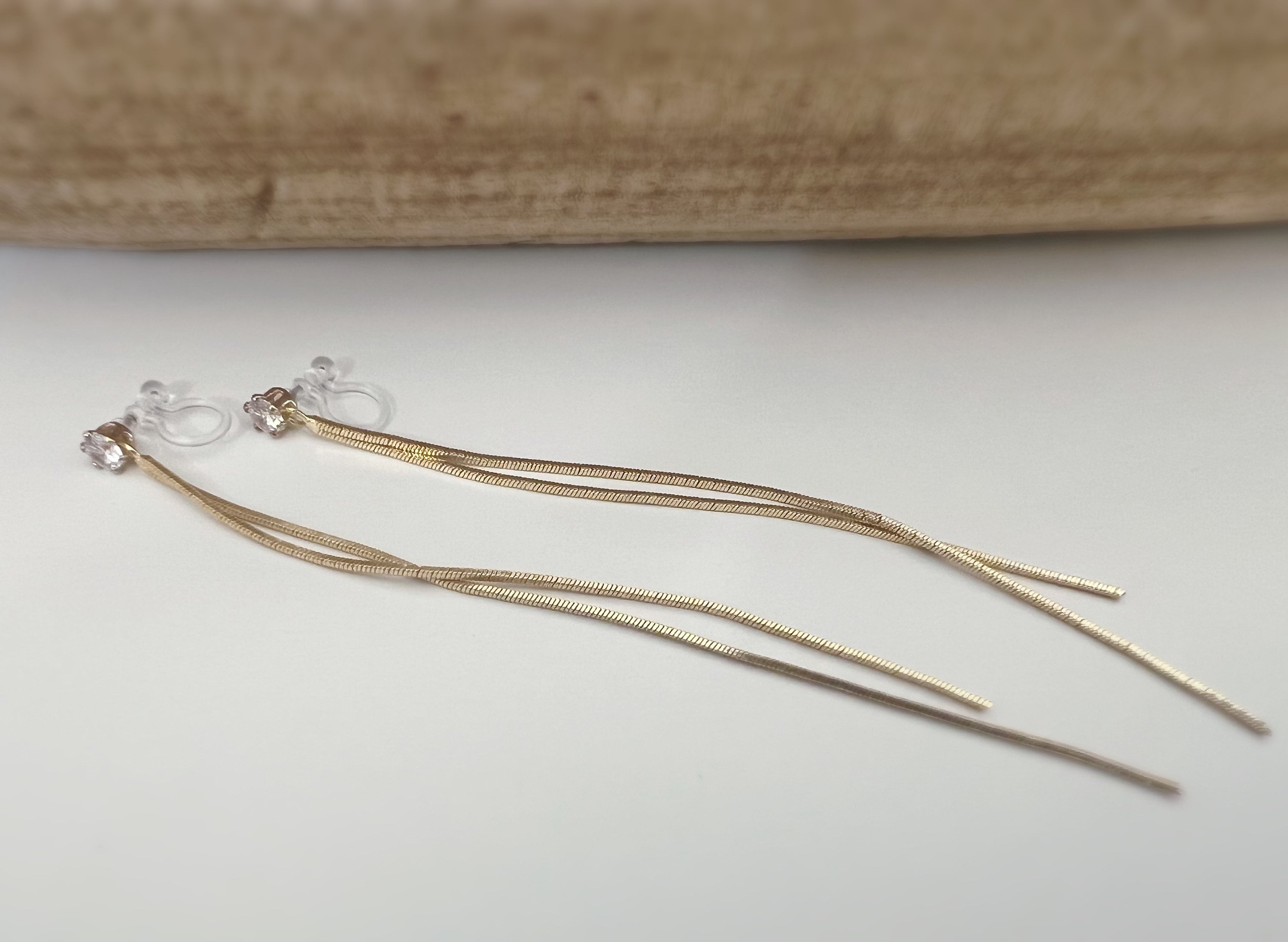 Super long INVISIBLE clip earrings, Double gold chain ear clips with round Zircon clips. Minimalist Jewelry.