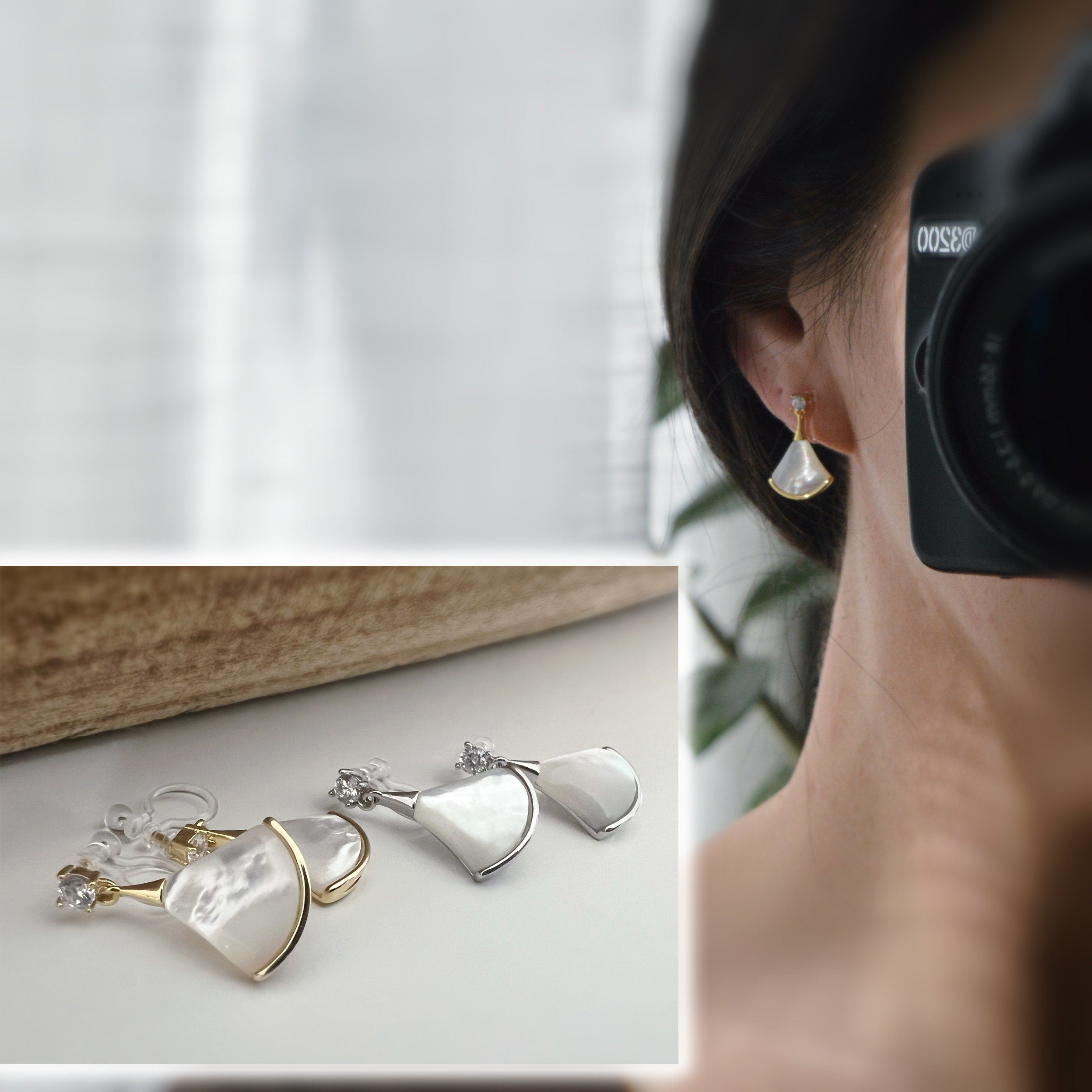 Invisible ear CLIPS Gold / Silver White mother-of-pearl fan shape Small round Zircon. Delicate minimalist earrings
