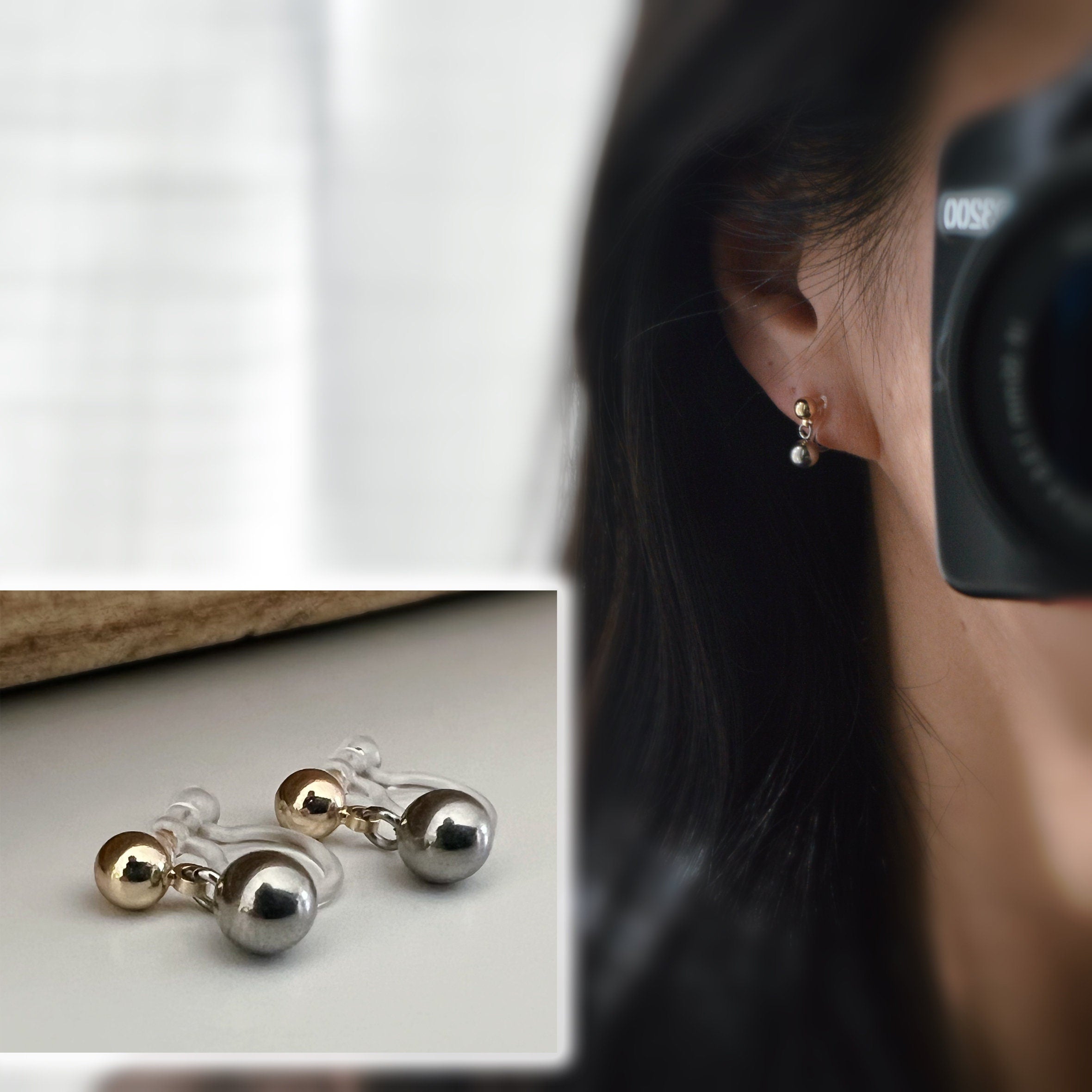 Boucles d'oreilles Clips INVISIBLES Double perle Argent et Or, Clips d'oreilles confortable bijoux minimaliste quotidien.
