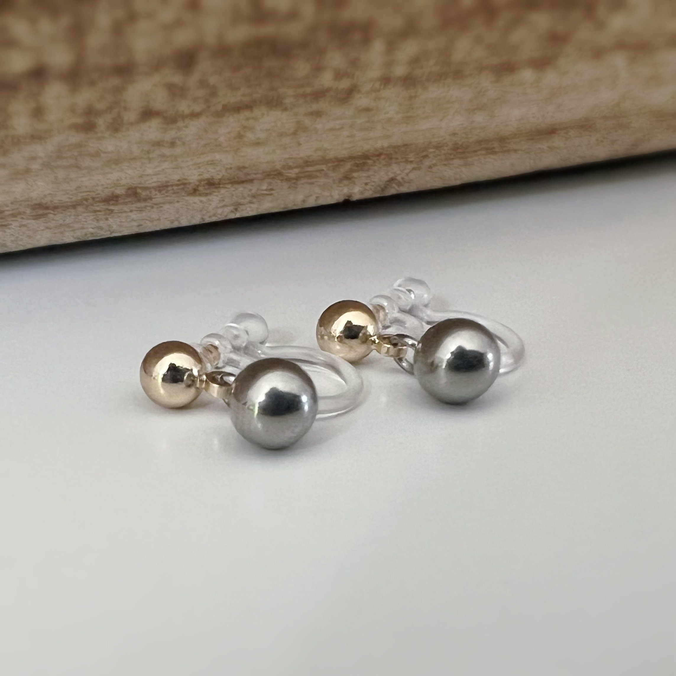 Boucles d'oreilles Clips INVISIBLES Double perle Argent et Or, Clips d'oreilles confortable bijoux minimaliste quotidien.