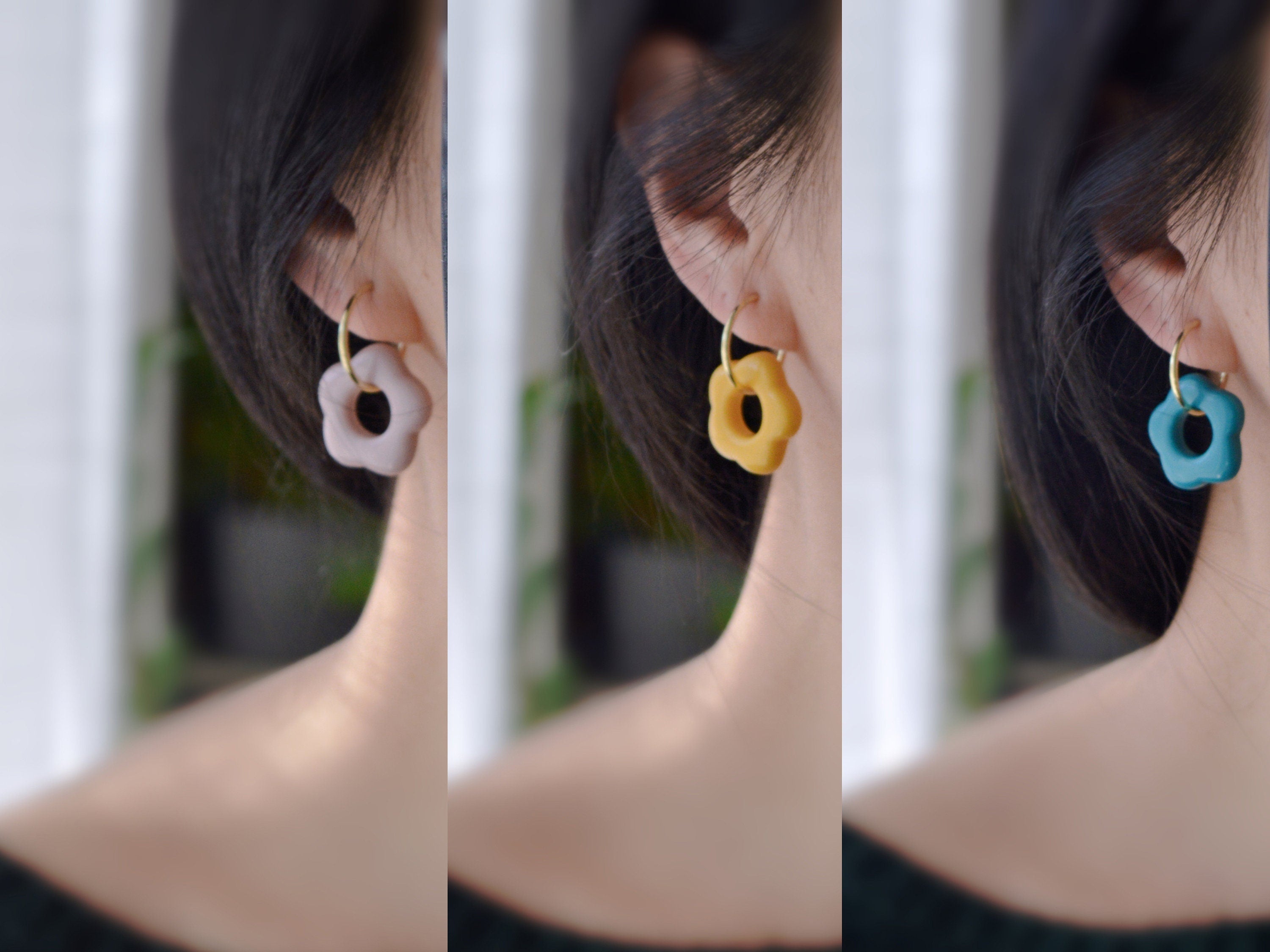 2 EN 1 Créoles Clips 20mm Argent/ Or Cercles fleur jaune / bleu / rose, Clips d'oreilles Anneaux Boucles d'oreilles à clips.