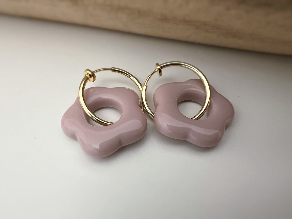 2 EN 1 Créoles Clips 20mm Argent/ Or Cercles fleur jaune / bleu / rose, Clips d'oreilles Anneaux Boucles d'oreilles à clips.