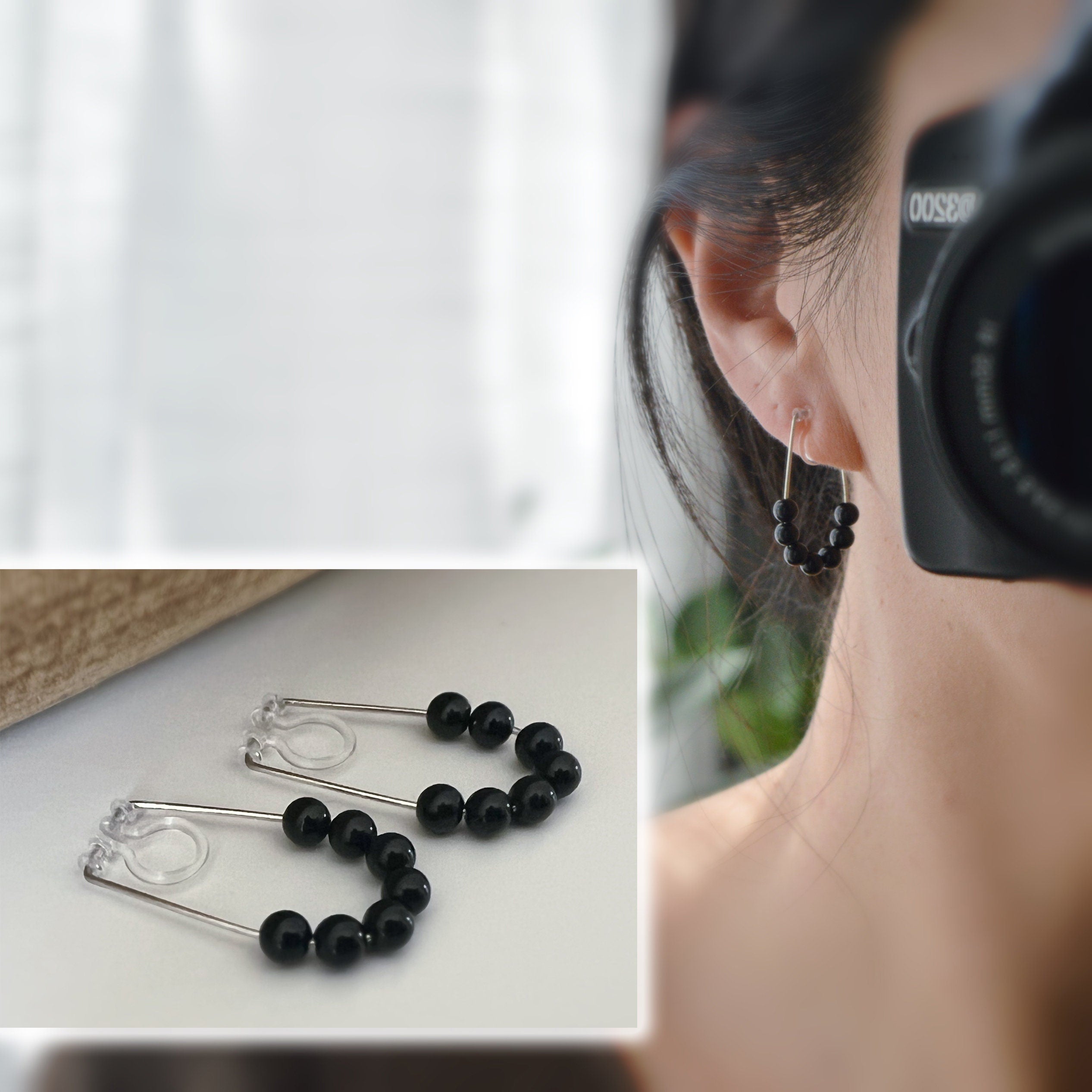 Créoles couleur Argent Clips Invisibles Petites perles agate noire, Boucles d'oreille CLIPS, oreilles non percées.