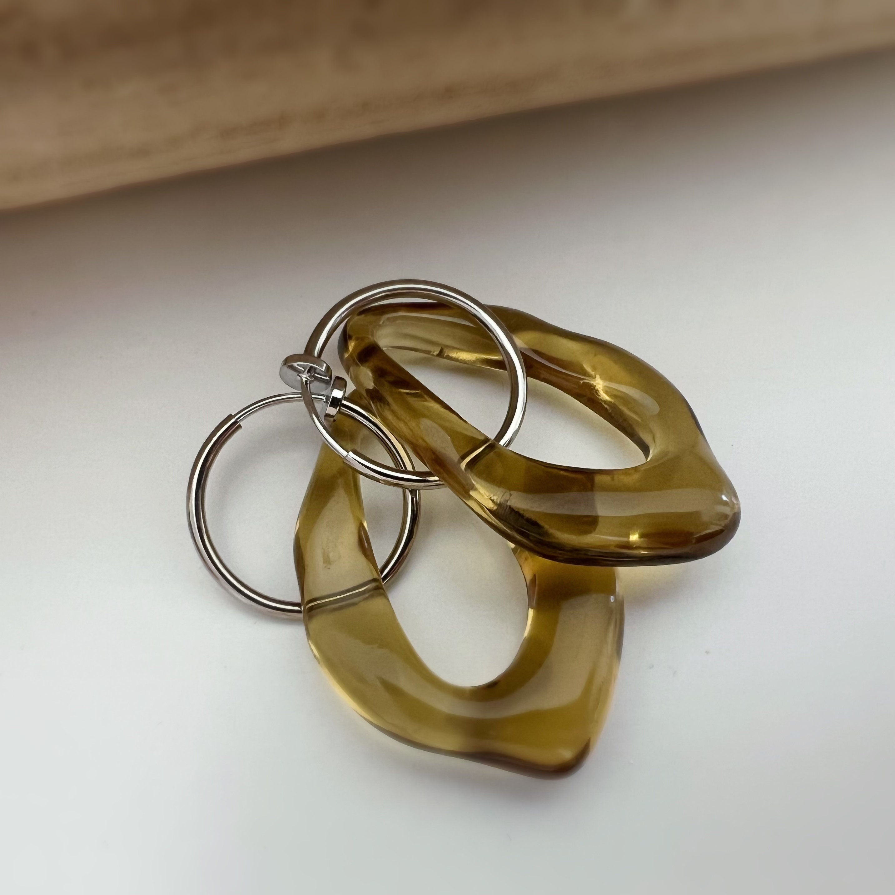 2 IN 1, Clip-on Earrings Large Diamond Acetate Green Brown Transparent. Creole Clips 20mm Silver / Gold. CLIPS comfortable