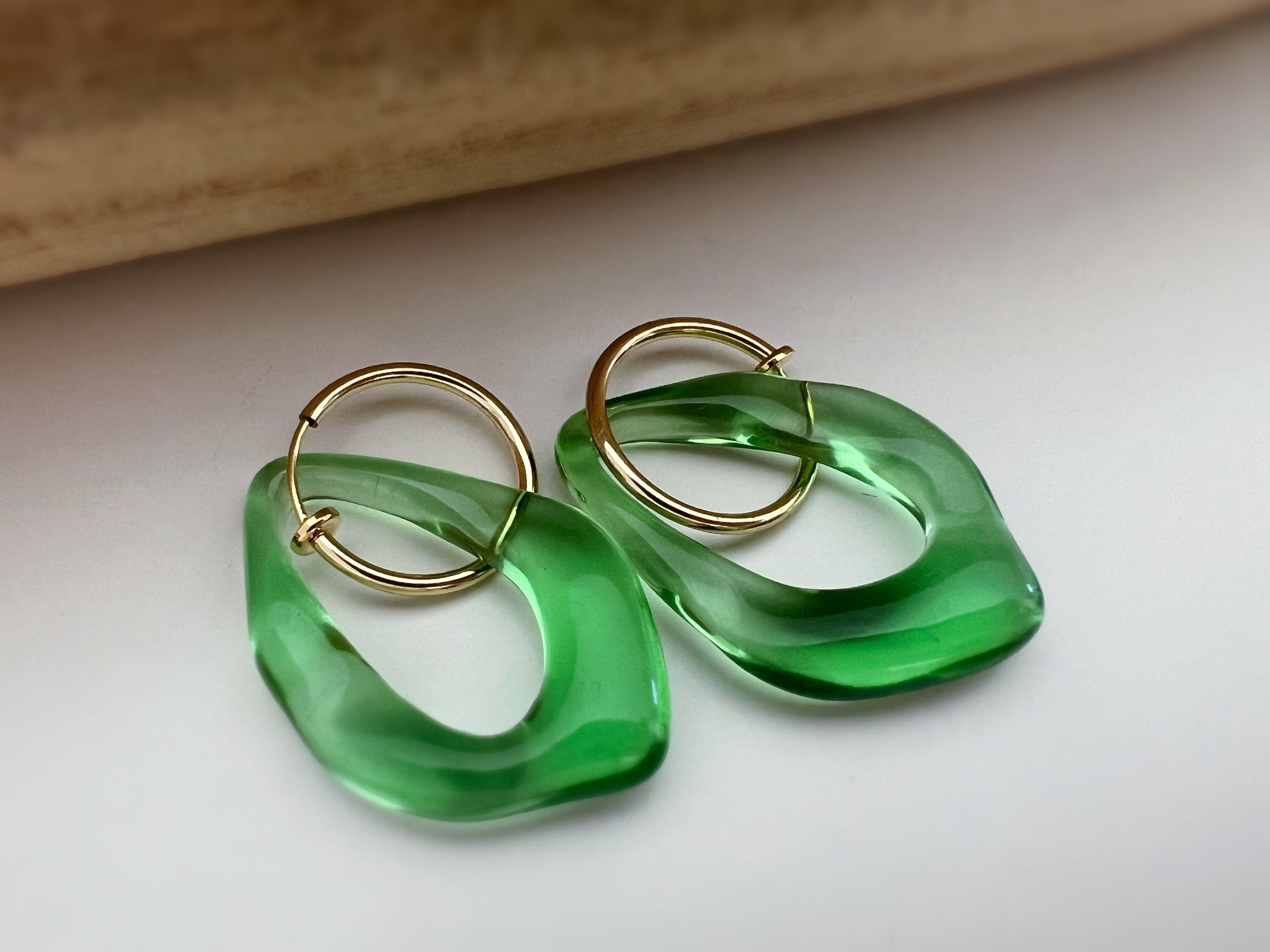 2 IN 1, Clip-on Earrings Large Diamond Acetate Green Brown Transparent. Creole Clips 20mm Silver / Gold. CLIPS comfortable