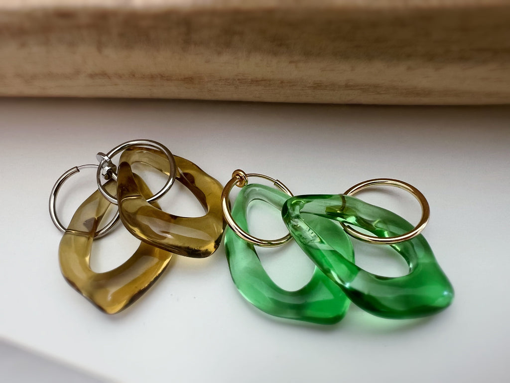 2 IN 1, Clip-on Earrings Large Diamond Acetate Green Brown Transparent. Creole Clips 20mm Silver / Gold. CLIPS comfortable