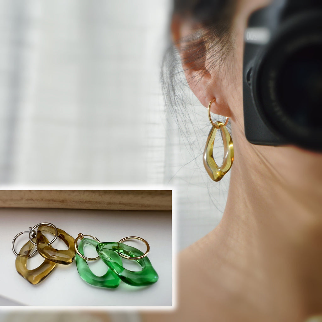 2 IN 1, Clip-on Earrings Large Diamond Acetate Green Brown Transparent. Creole Clips 20mm Silver / Gold. CLIPS comfortable