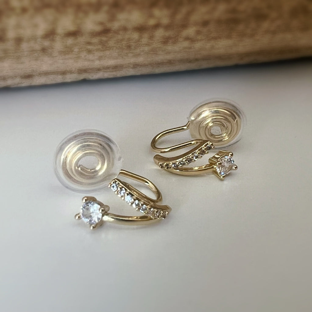 SANS DOULEUR ! Boucles d'oreilles CLIPS U spirale Petit double demi cercle Mini Pierre Zircon Rond plaqué d'Or Clips d'oreilles confortable.