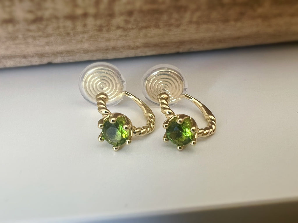 SANS DOULEUR ! Boucles d'oreilles CLIPS U spirale Cercle torsadé Pierre Zircon Rond Vert citron. Plaqué d'Or. Clips d'oreilles confortable