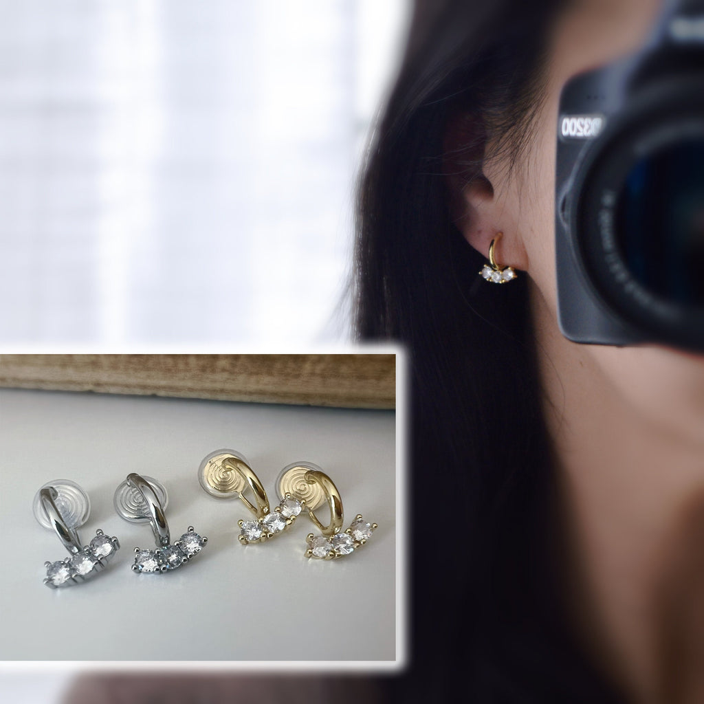 SANS DOULEUR ! Boucles d'oreilles CLIPS U spirale Petit Cercle avec Barre mini Zircon Argent / Or. Clips d'oreilles confortable délicat.