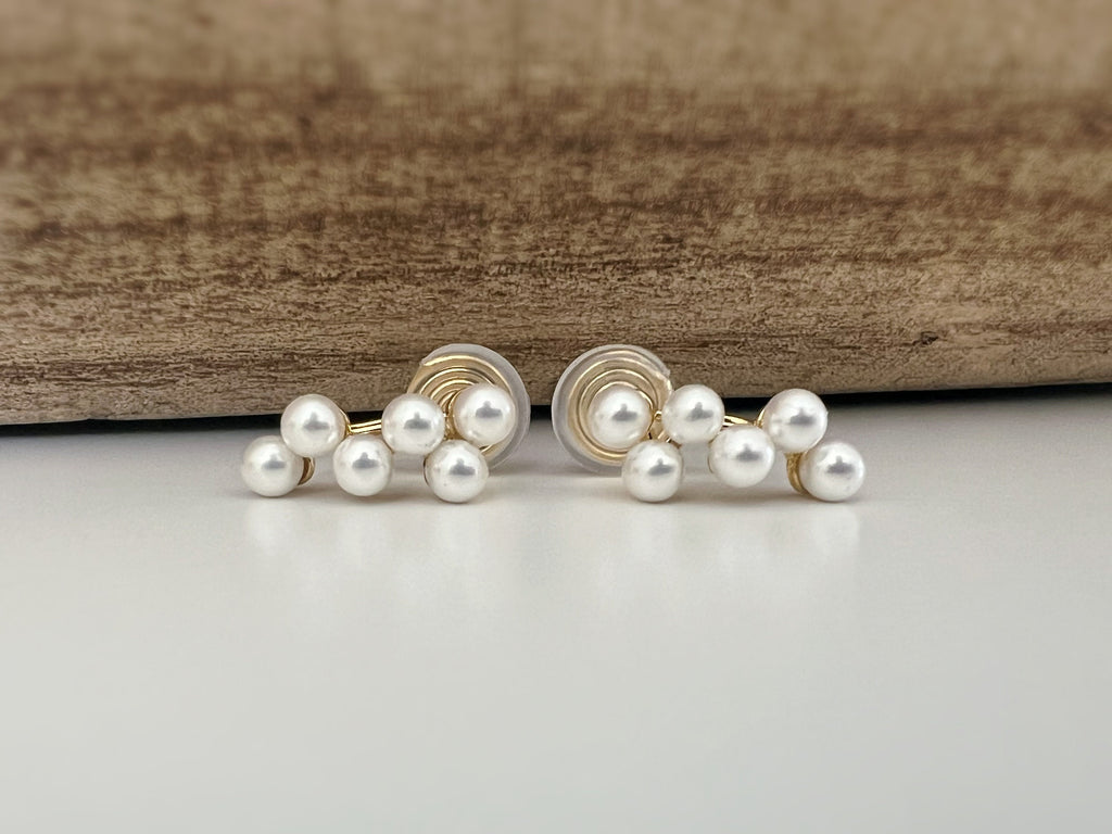 SANS DOULEUR ! Boucles d'oreilles CLIPS U spirale plaqué d'or Petites perles blanches grappe de raisins Clips d'oreilles confortable.