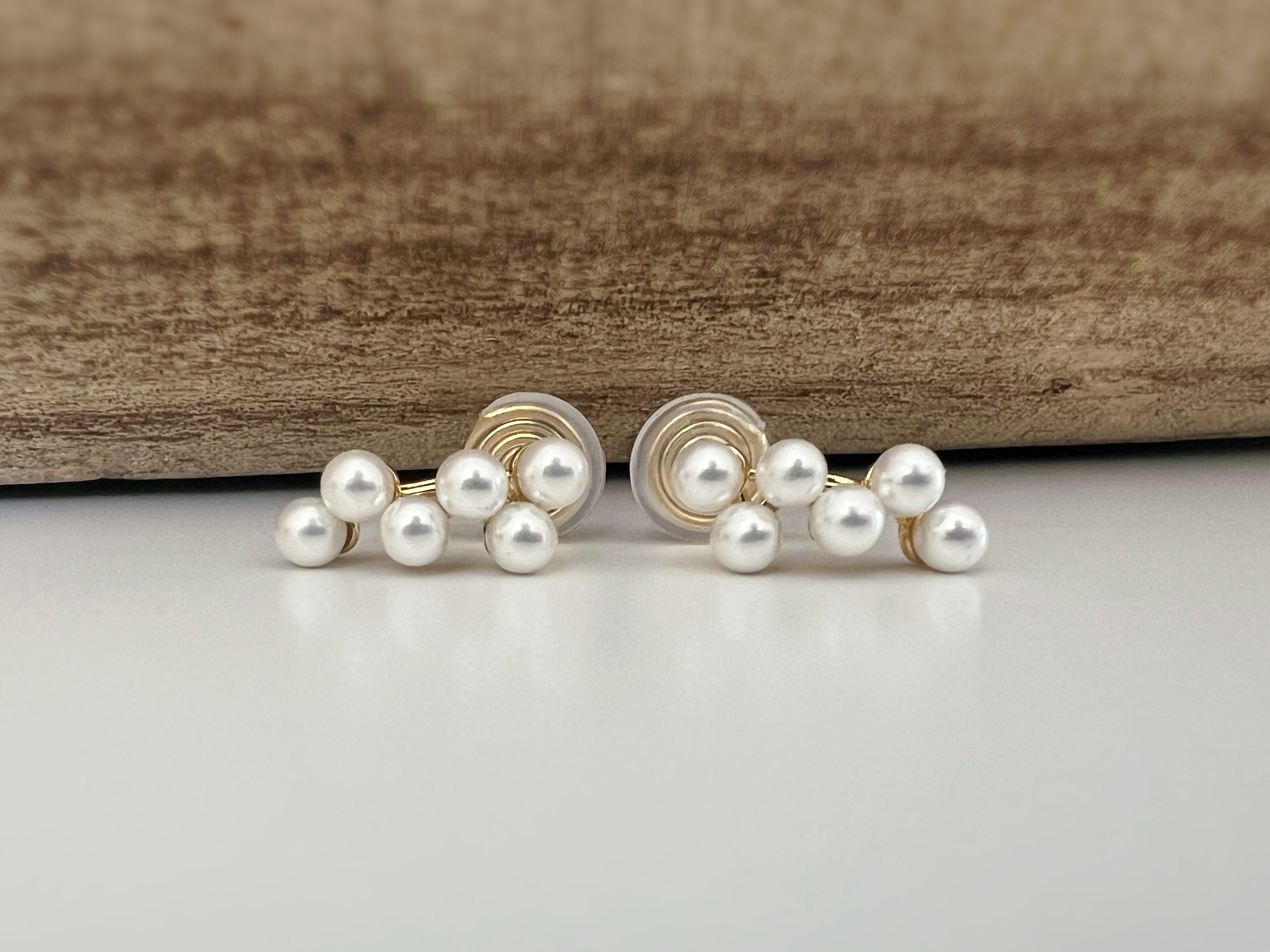 SANS DOULEUR ! Boucles d'oreilles CLIPS U spirale plaqué d'or Petites perles blanches grappe de raisins Clips d'oreilles confortable.