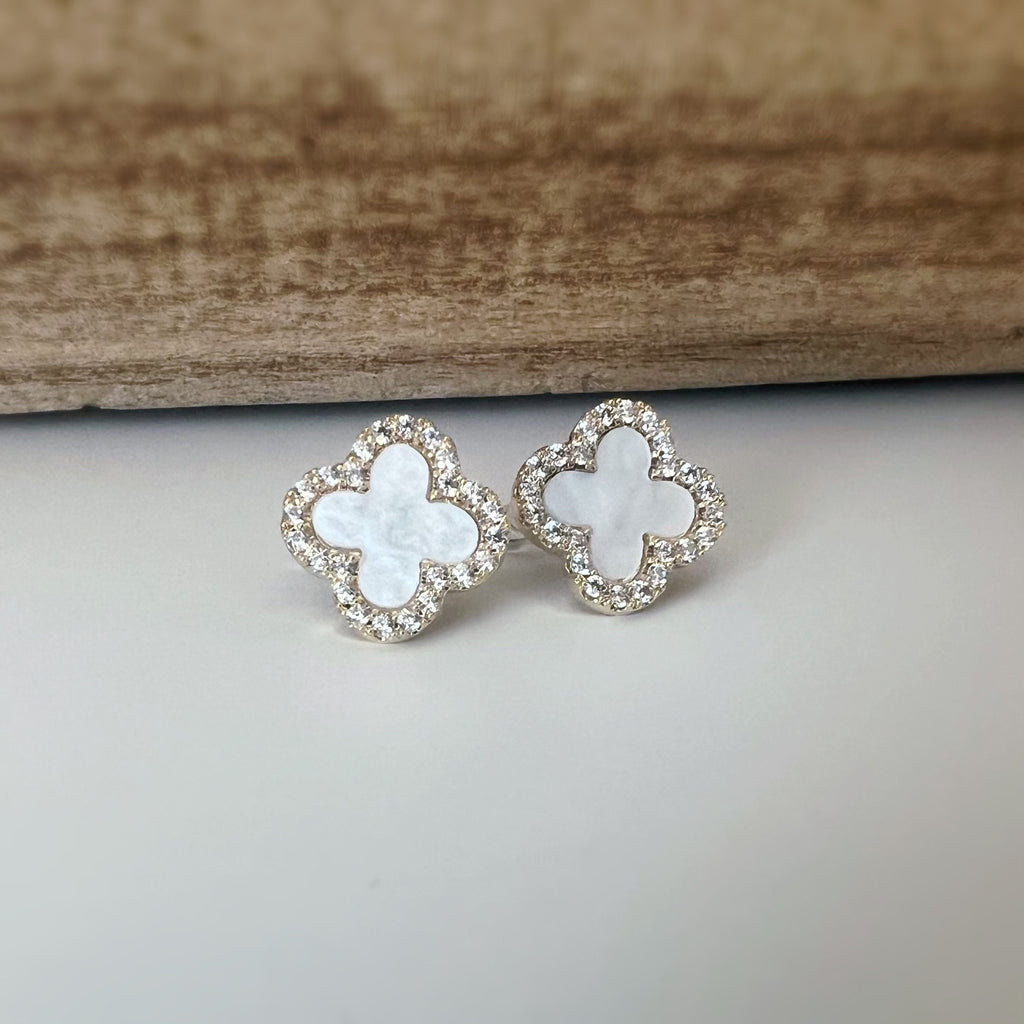 CLIPS d'oreilles invisibles, Trèfle à 4 feuilles or porte bonheur mini zircon Noir/ Blanc/ Vert Boucles d'oreilles clips confortable délicat