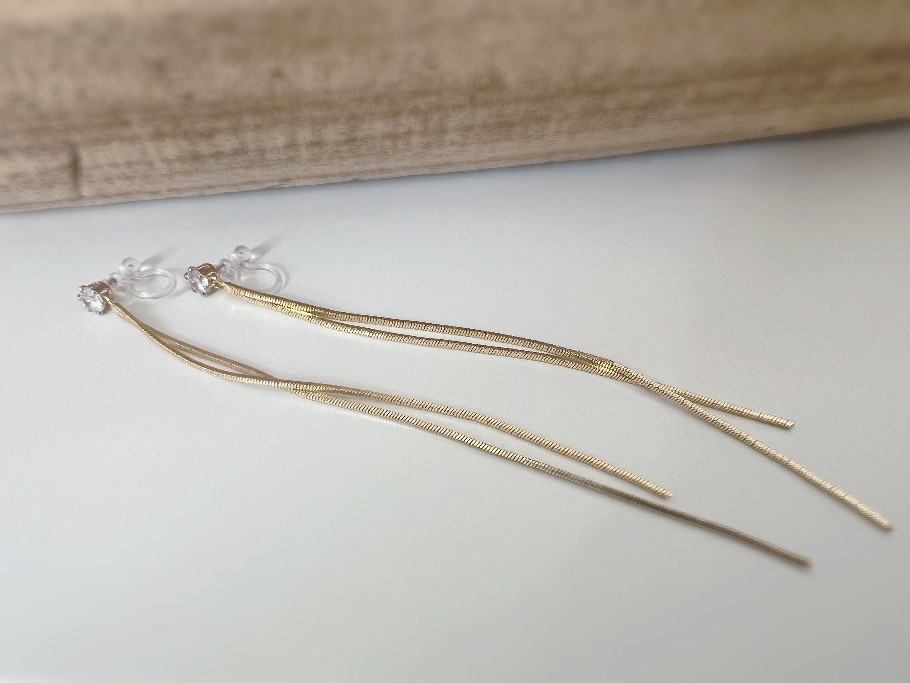 Super long INVISIBLE clip earrings, Double gold chain ear clips with round Zircon clips. Minimalist Jewelry.