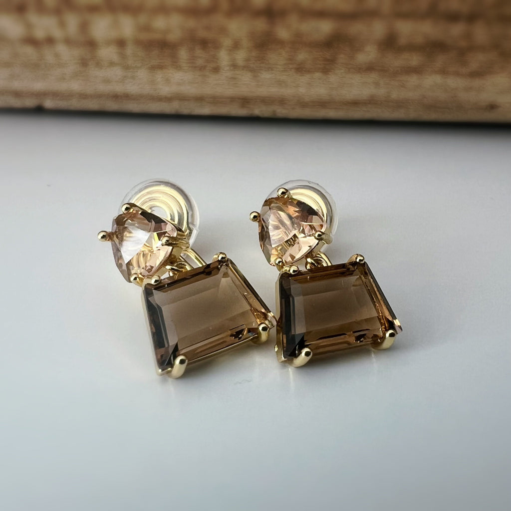SANS DOULEUR ! Boucles d'oreilles CLIPS U spirale triangulaire trapézoïdal pendantes zircon couleur champagne café marron, géométrique.