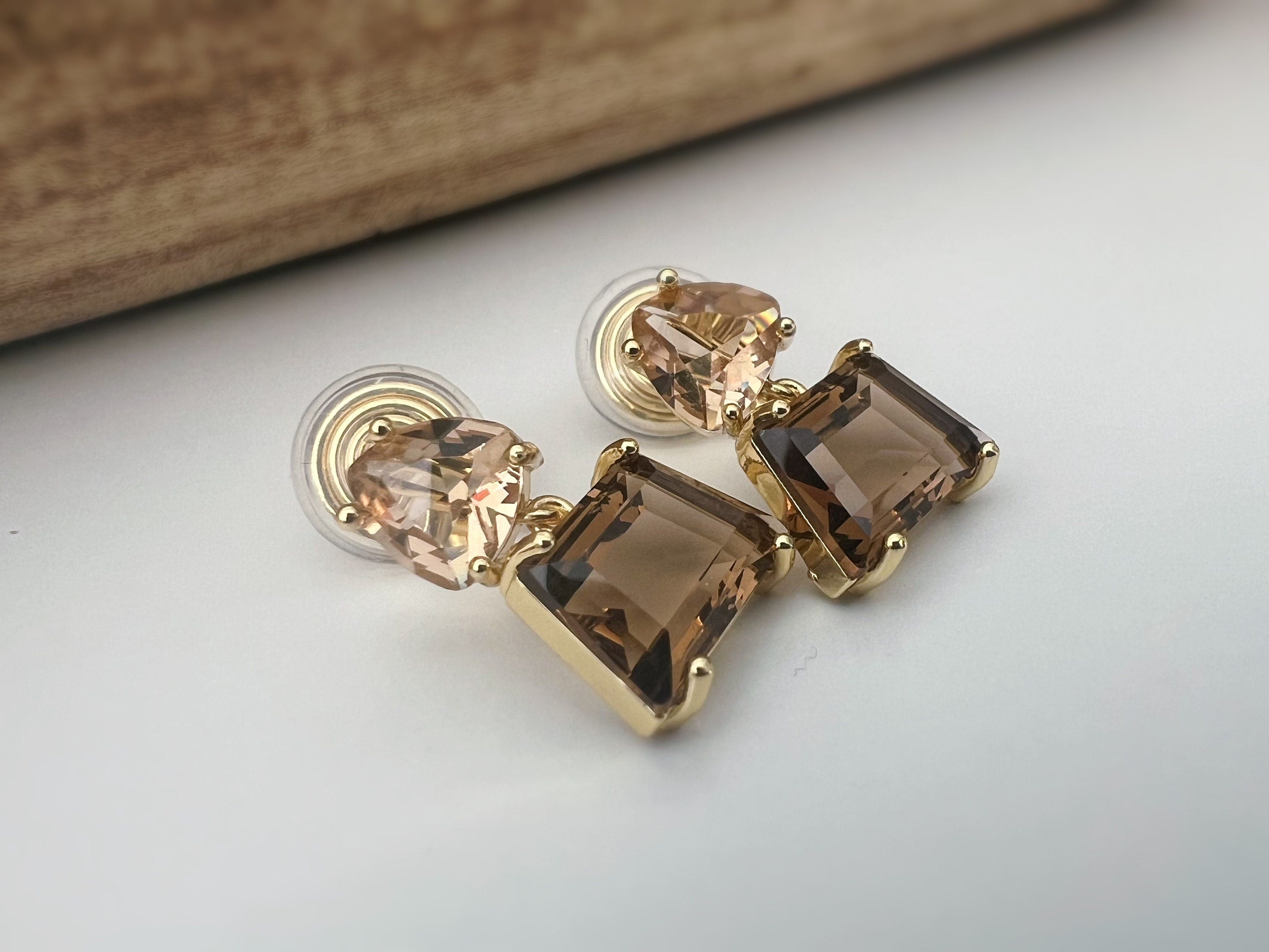 SANS DOULEUR ! Boucles d'oreilles CLIPS U spirale triangulaire trapézoïdal pendantes zircon couleur champagne café marron, géométrique.