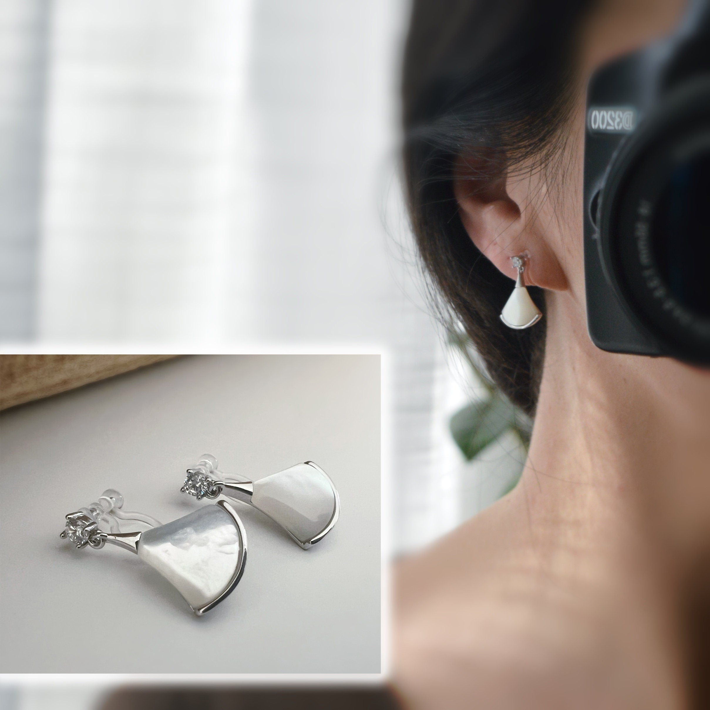 Invisible ear CLIPS Gold / Silver White mother-of-pearl fan shape Small round Zircon. Delicate minimalist earrings
