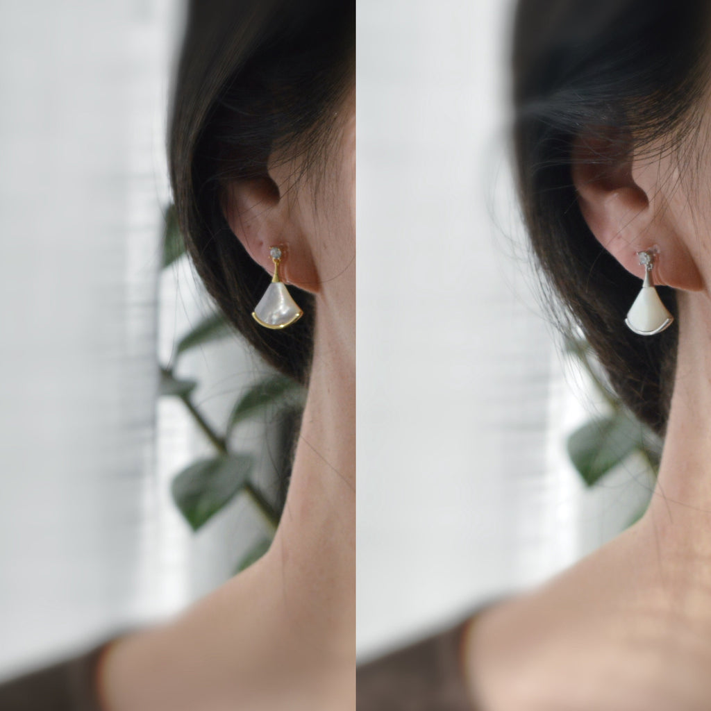 Invisible ear CLIPS Gold / Silver White mother-of-pearl fan shape Small round Zircon. Delicate minimalist earrings