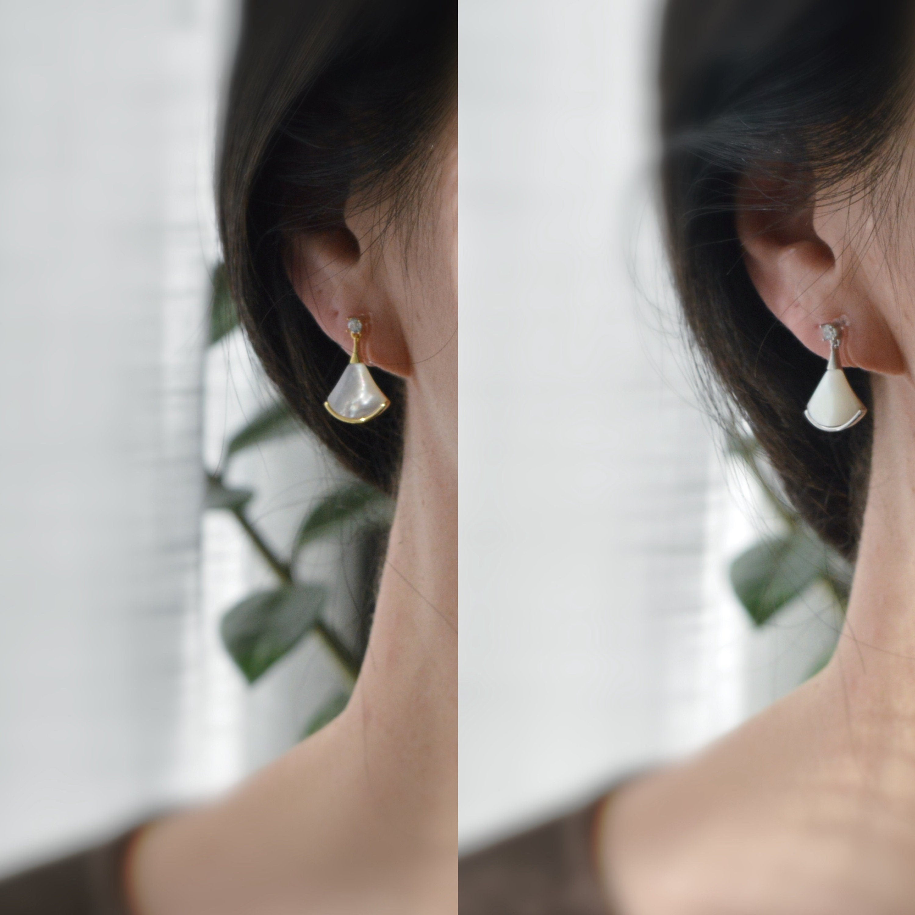 Invisible ear CLIPS Gold / Silver White mother-of-pearl fan shape Small round Zircon. Delicate minimalist earrings