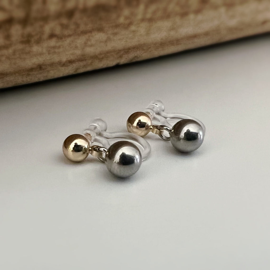 Boucles d'oreilles Clips INVISIBLES Double perle Argent et Or, Clips d'oreilles confortable bijoux minimaliste quotidien.