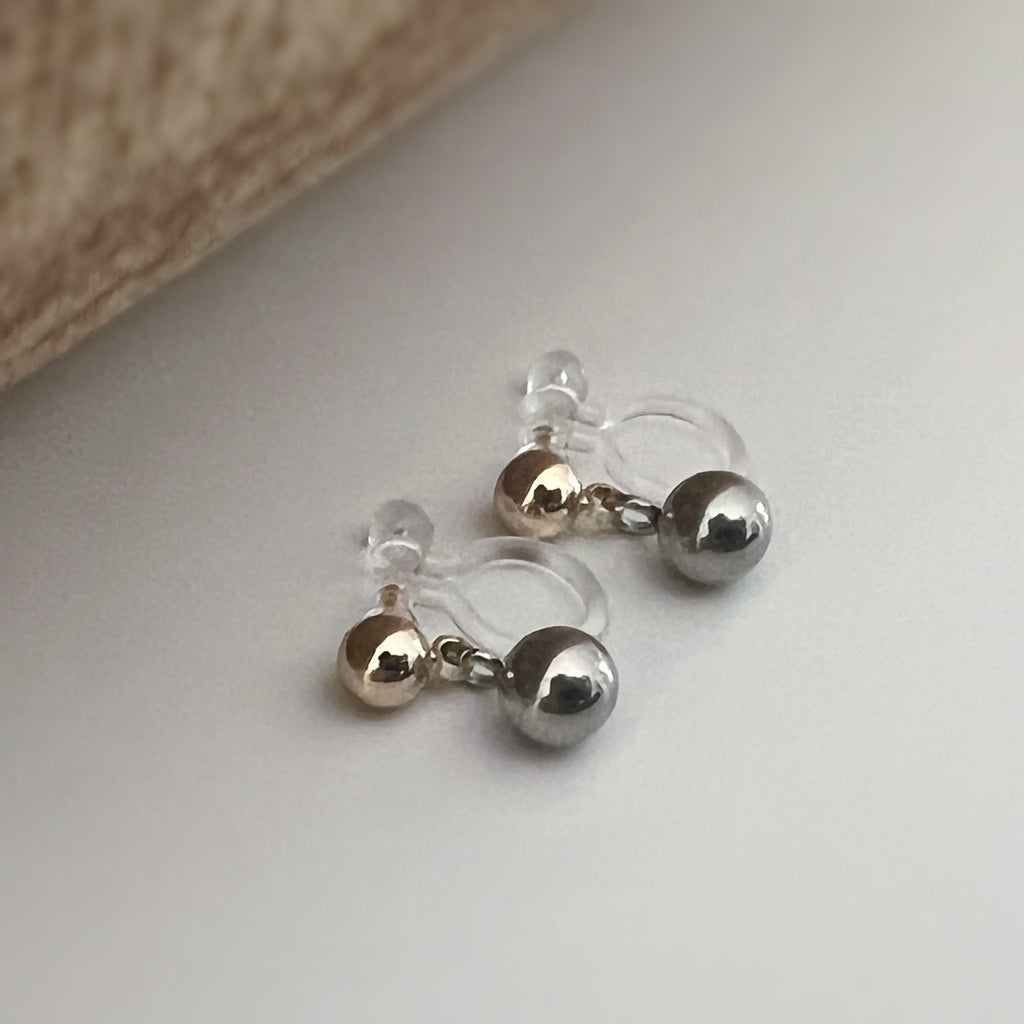Boucles d'oreilles Clips INVISIBLES Double perle Argent et Or, Clips d'oreilles confortable bijoux minimaliste quotidien.