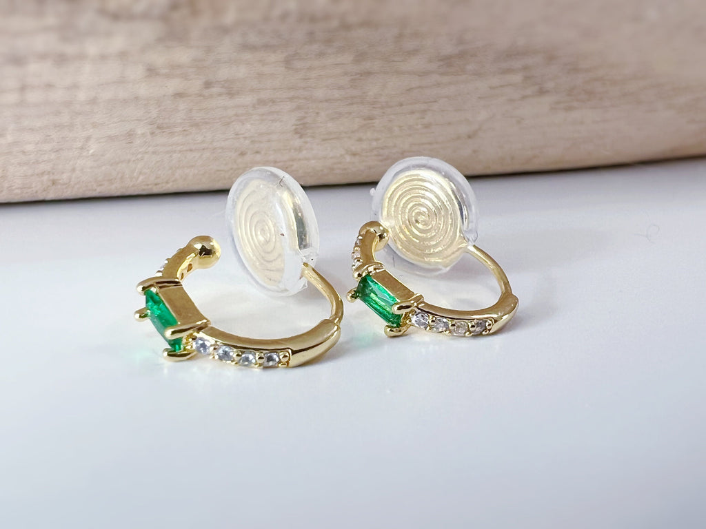 SANS DOULEUR ! Boucles d'oreilles CLIPS U spirale Cercle Mini Pierres Zircon Rond zircon rectangle vert. Clips d'oreilles confortable.