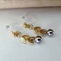 Boucles d'oreilles Clips INVISIBLES pendantes, Chaîne feuilles couleur or avec petit perle argenté. clips d'oreilles confortable.