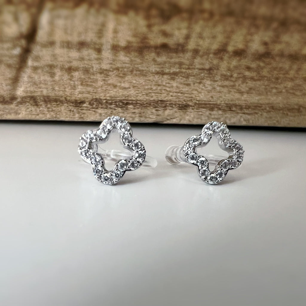 CLIPS d'oreilles invisibles Trèfle à 4 feuilles porte bonheur Noir/ Mini zircon Argent/ Argent creux Boucles d'oreilles confortable délicat