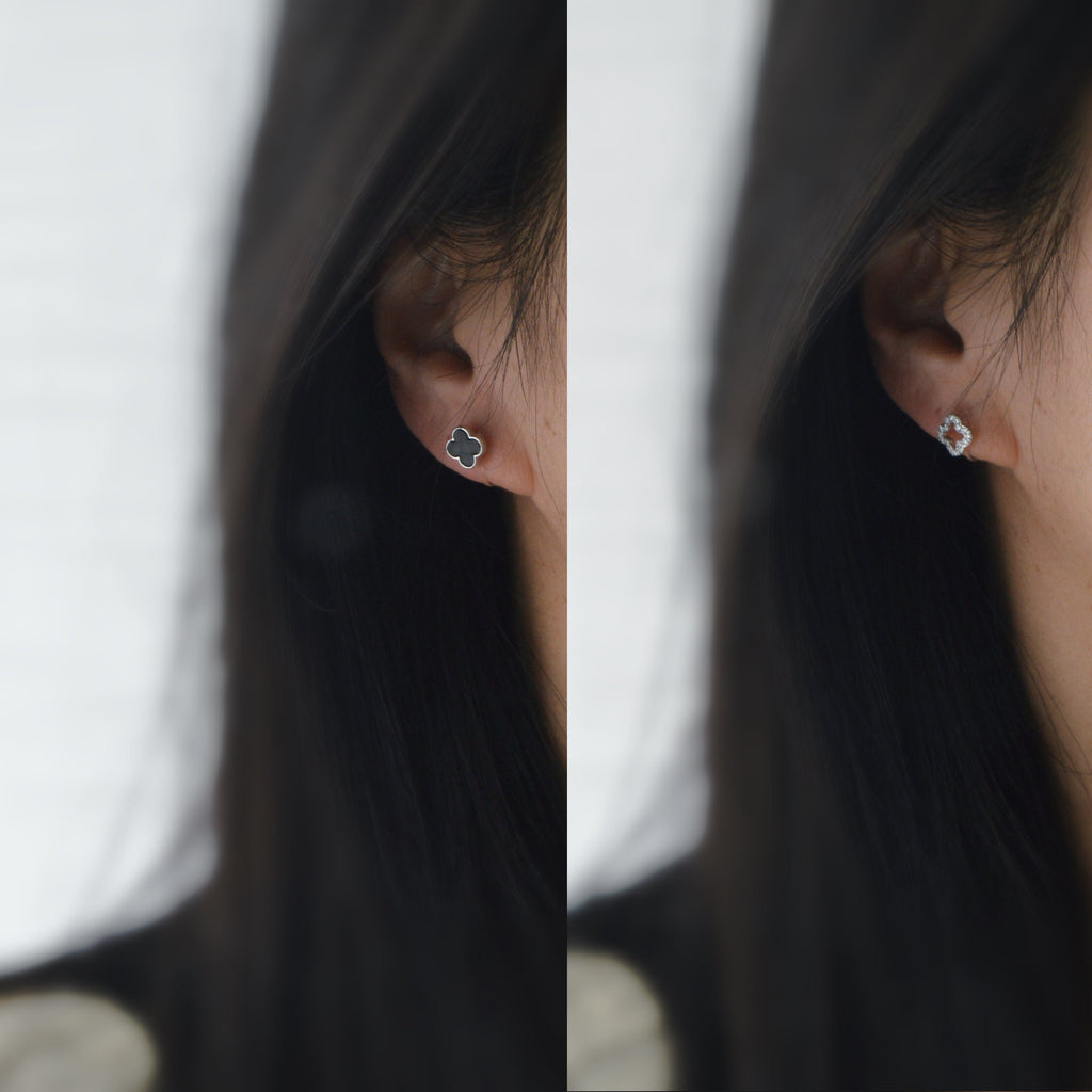 CLIPS d'oreilles invisibles Trèfle à 4 feuilles porte bonheur Noir/ Mini zircon Argent/ Argent creux Boucles d'oreilles confortable délicat