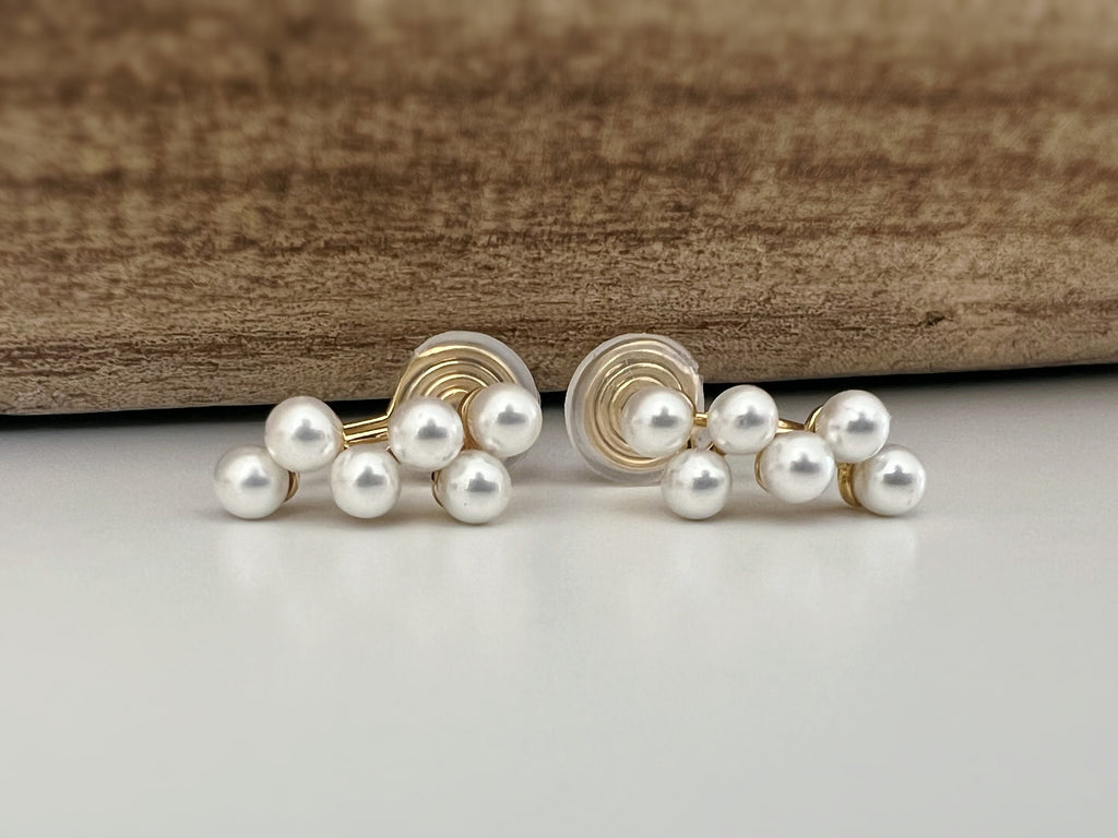 SANS DOULEUR ! Boucles d'oreilles CLIPS U spirale plaqué d'or Petites perles blanches grappe de raisins Clips d'oreilles confortable.