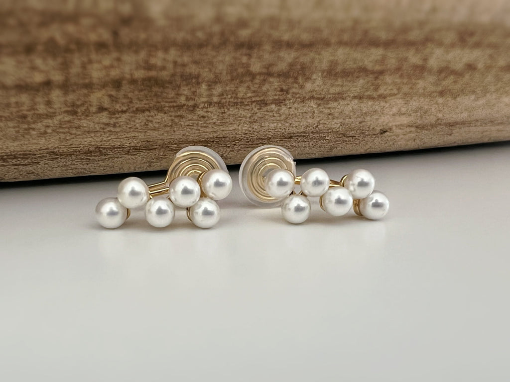 SANS DOULEUR ! Boucles d'oreilles CLIPS U spirale plaqué d'or Petites perles blanches grappe de raisins Clips d'oreilles confortable.