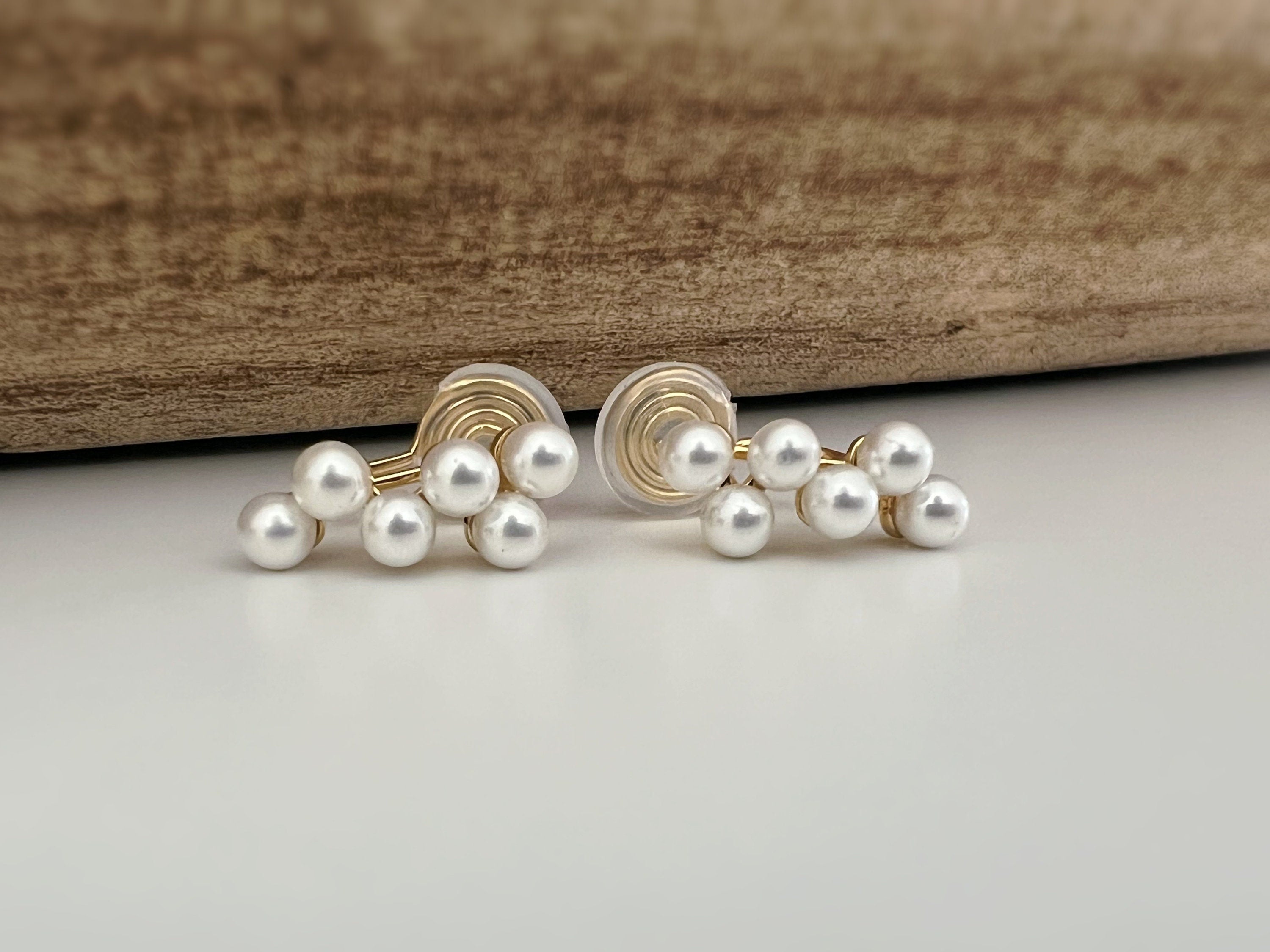 SANS DOULEUR ! Boucles d'oreilles CLIPS U spirale plaqué d'or Petites perles blanches grappe de raisins Clips d'oreilles confortable.