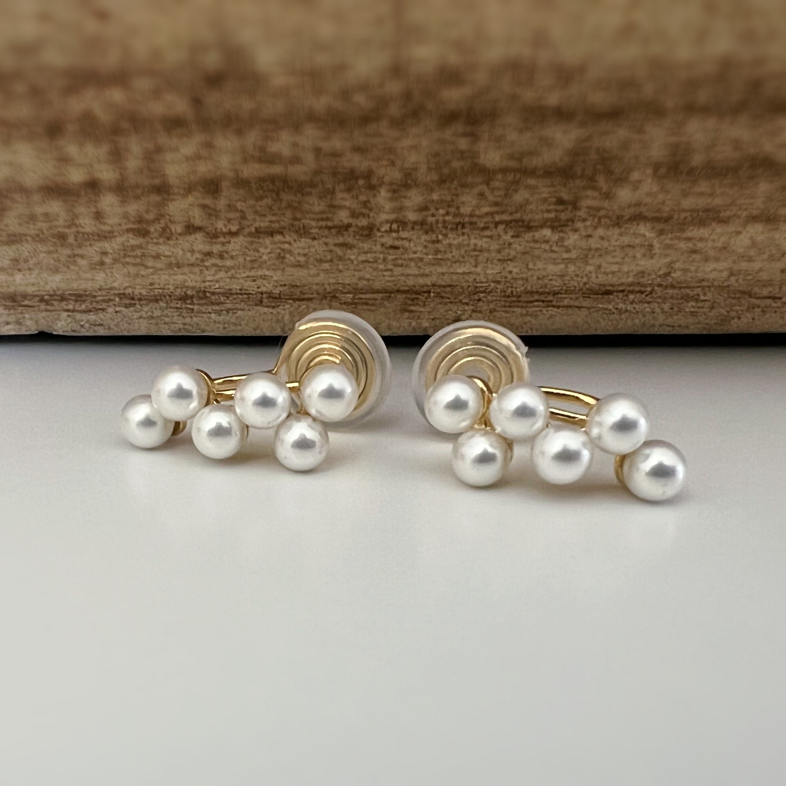 SANS DOULEUR ! Boucles d'oreilles CLIPS U spirale plaqué d'or Petites perles blanches grappe de raisins Clips d'oreilles confortable.