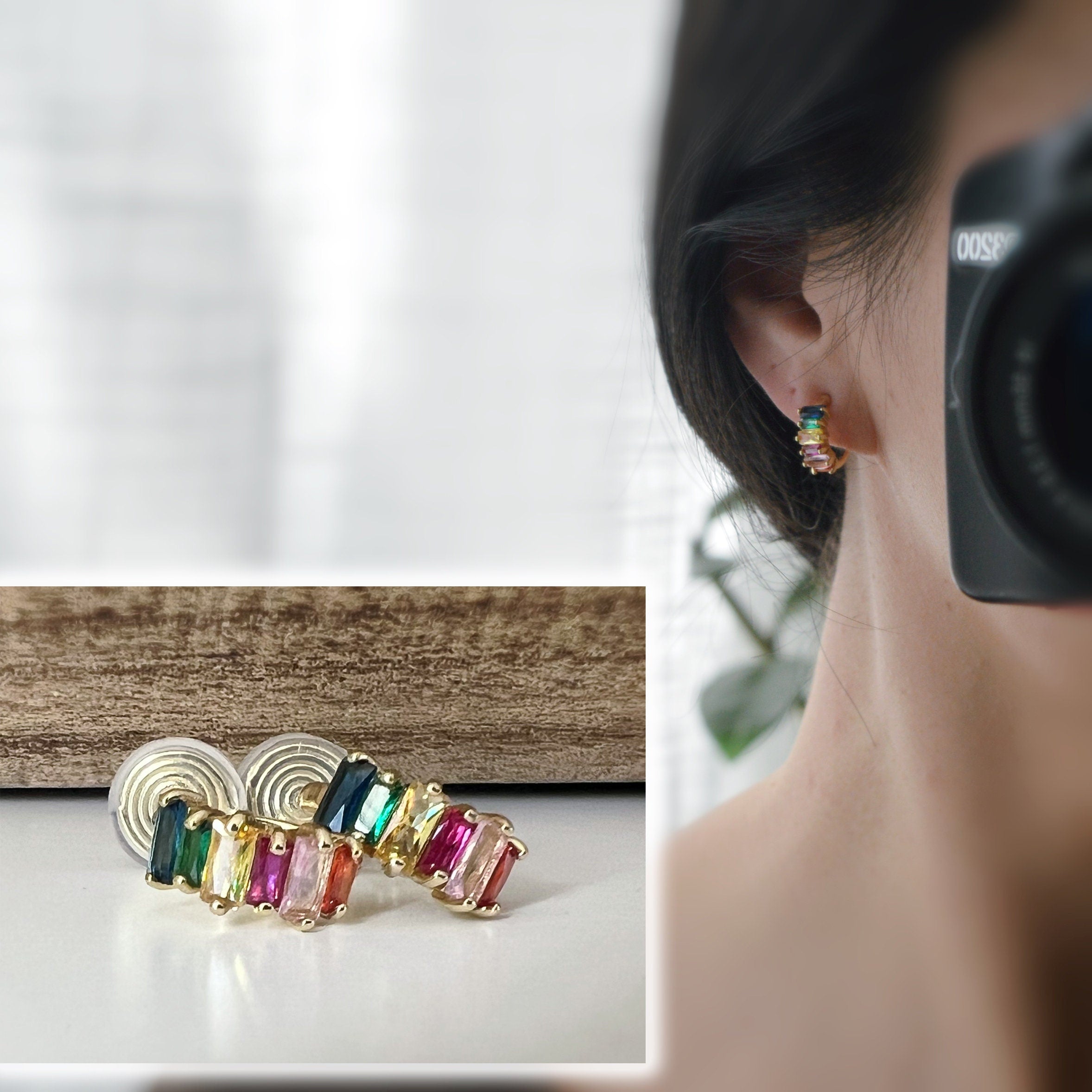 SANS DOULEUR ! Boucles d'oreilles CLIPS U spirale Cercle Mini Zircon rectangle coloré arc-en-ciel plaqué d'Or. Clips d'oreilles confortable.