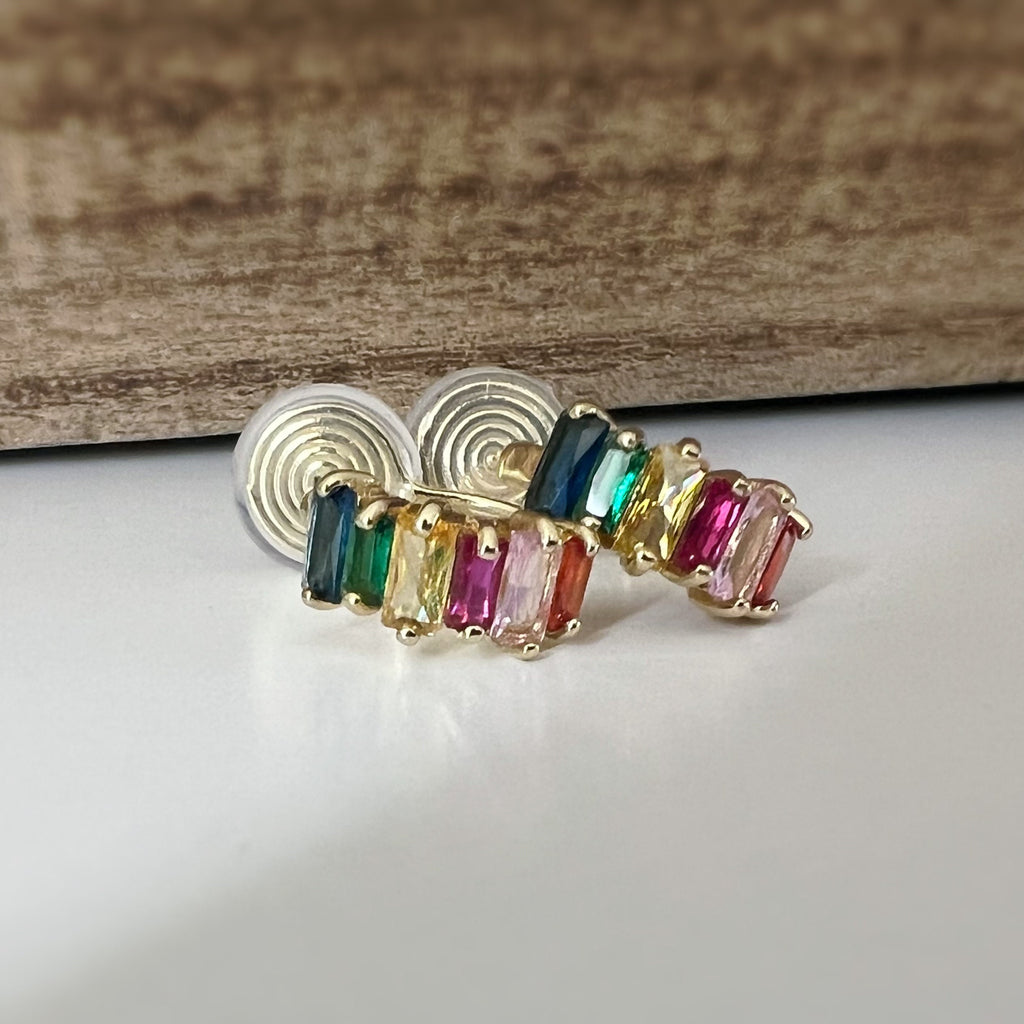 SANS DOULEUR ! Boucles d'oreilles CLIPS U spirale Cercle Mini Zircon rectangle coloré arc-en-ciel plaqué d'Or. Clips d'oreilles confortable.