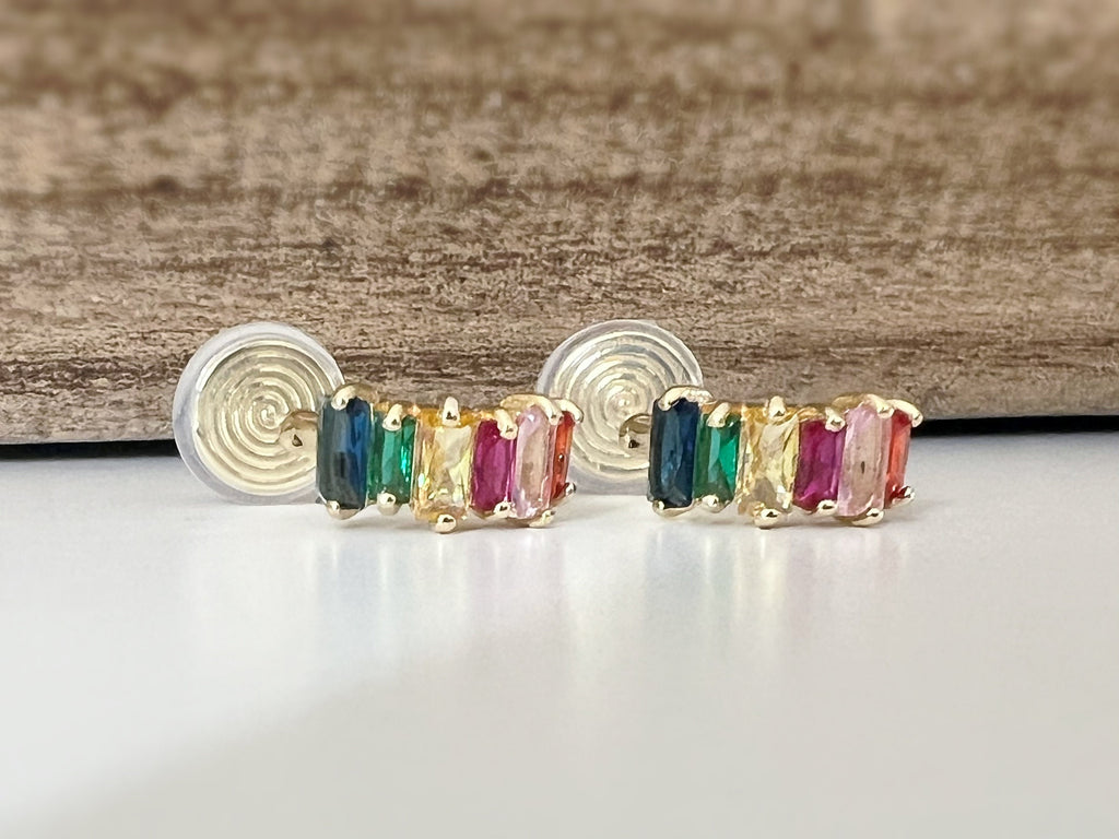 SANS DOULEUR ! Boucles d'oreilles CLIPS U spirale Cercle Mini Zircon rectangle coloré arc-en-ciel plaqué d'Or. Clips d'oreilles confortable.