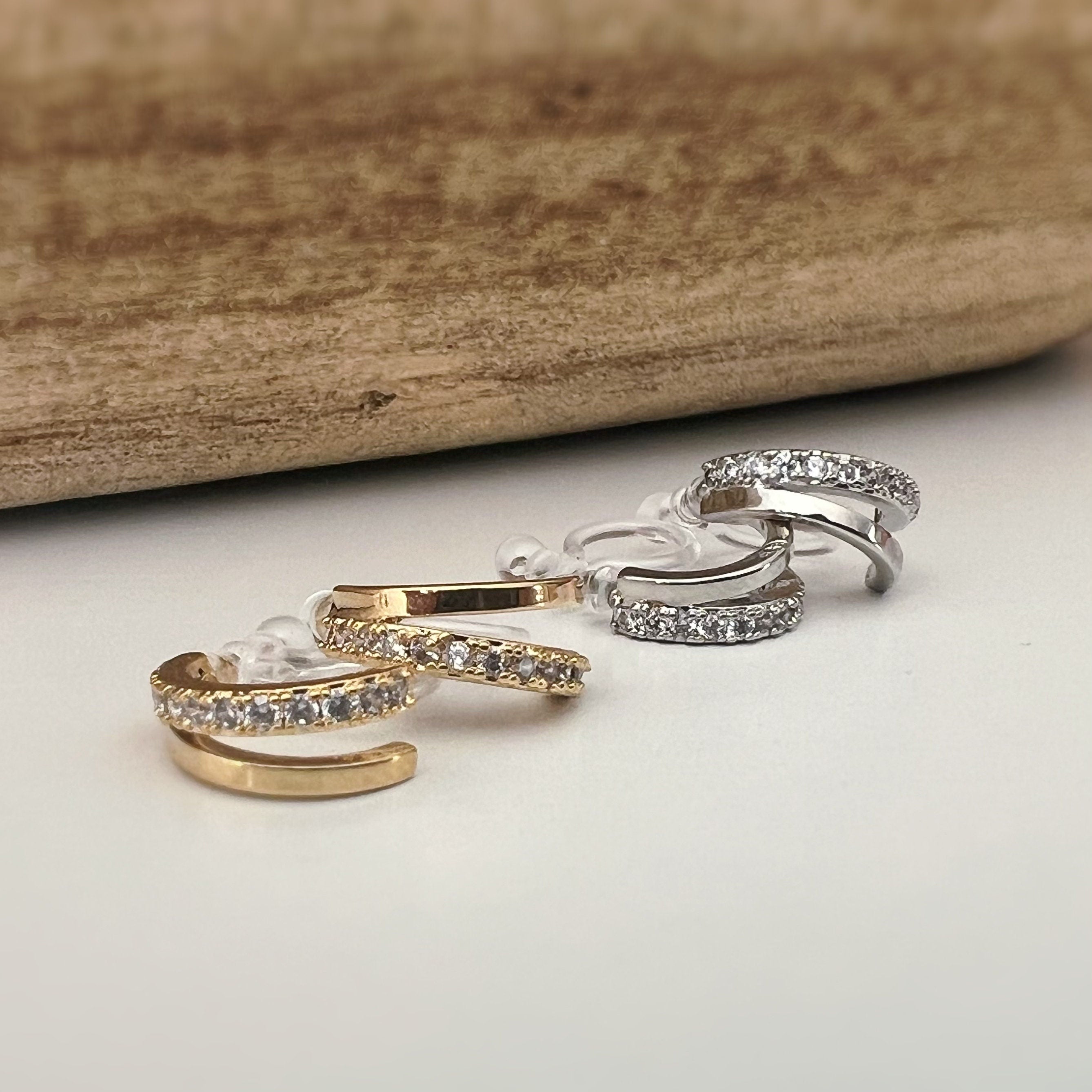 Boucles d'oreilles Clips INVISIBLES Double demi-cercle couleur Or / Argent Zircon Clips d'oreilles confortable bijoux minimaliste quotidien.