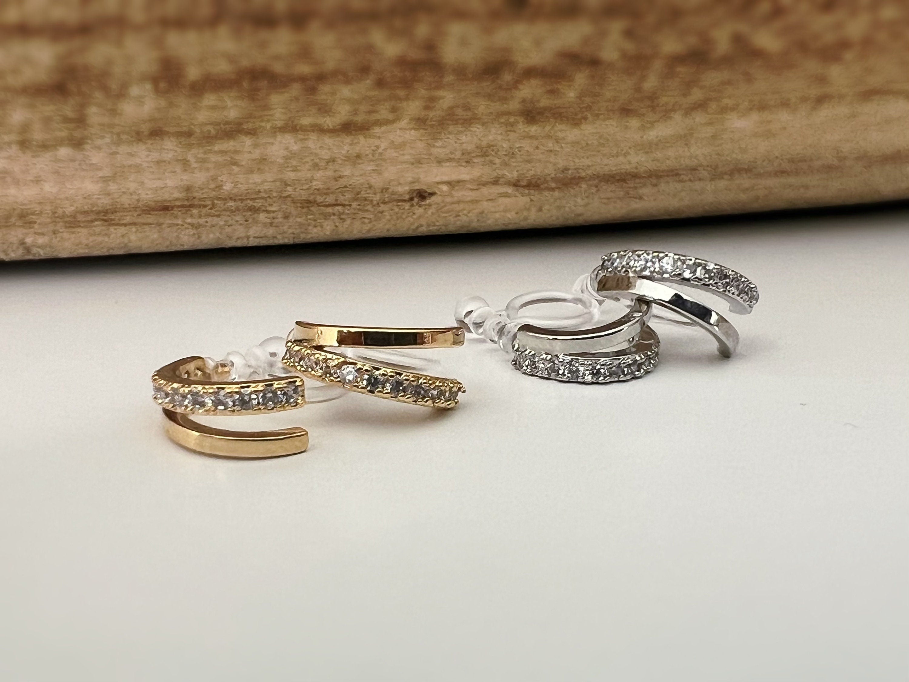 Boucles d'oreilles Clips INVISIBLES Double demi-cercle couleur Or / Argent Zircon Clips d'oreilles confortable bijoux minimaliste quotidien.