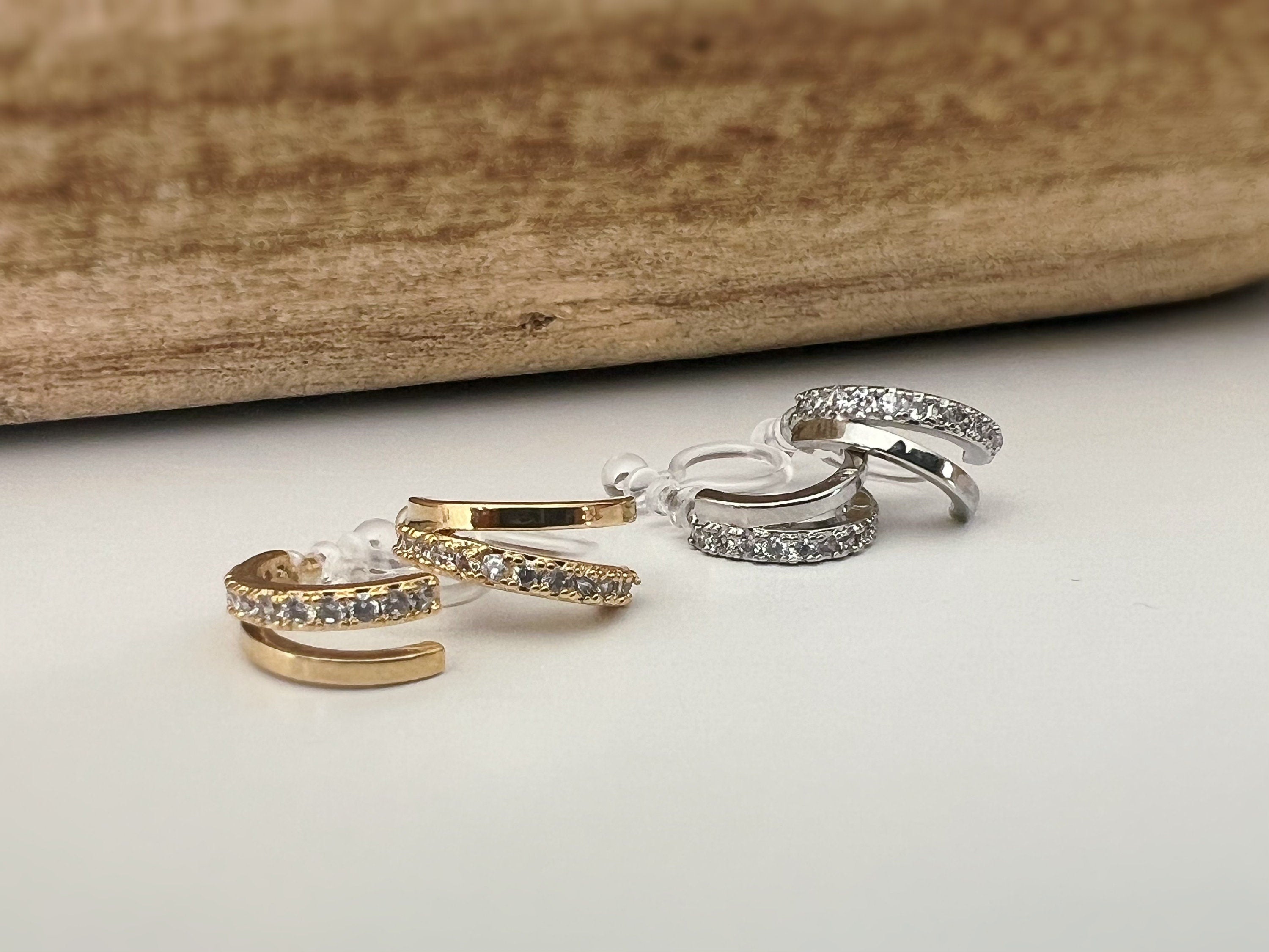 Boucles d'oreilles Clips INVISIBLES Double demi-cercle couleur Or / Argent Zircon Clips d'oreilles confortable bijoux minimaliste quotidien.